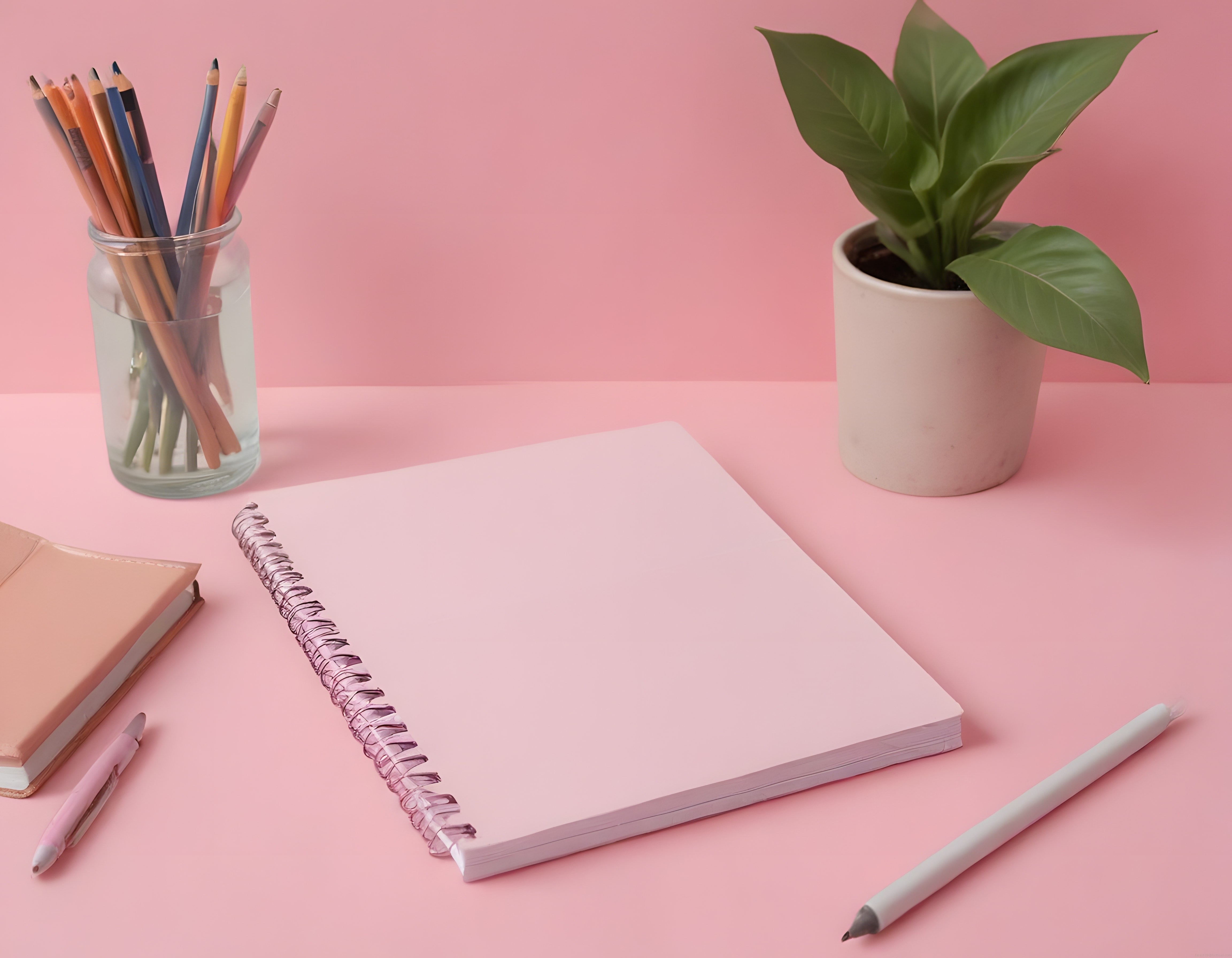 Pudra Rengi Çalışma Masası: Minimalist Spiralli Defter ve Kırtasiye Düzeni