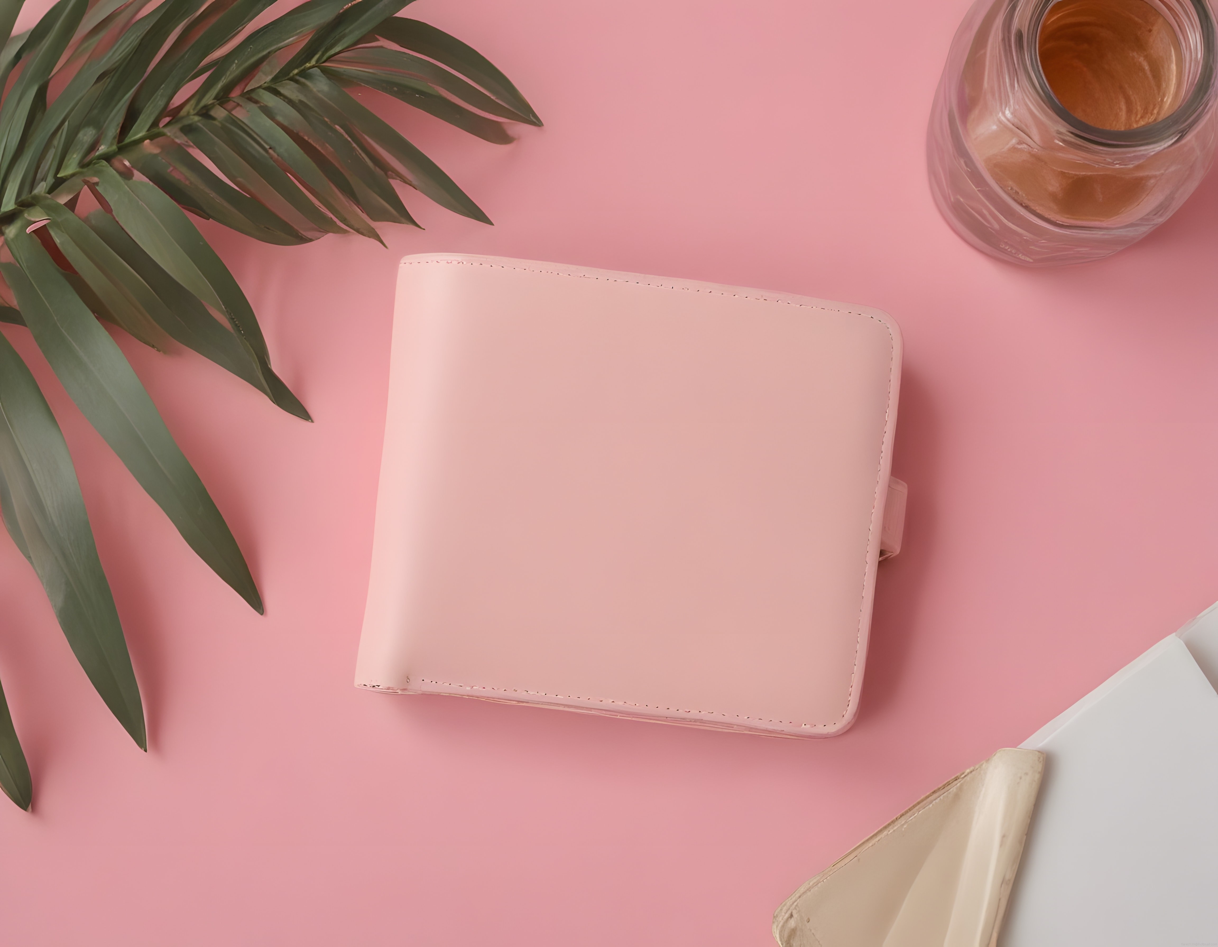 Pudra Rengi Deri Cüzdan ve Aksesuarların Feminen Flat Lay Komposisyonu