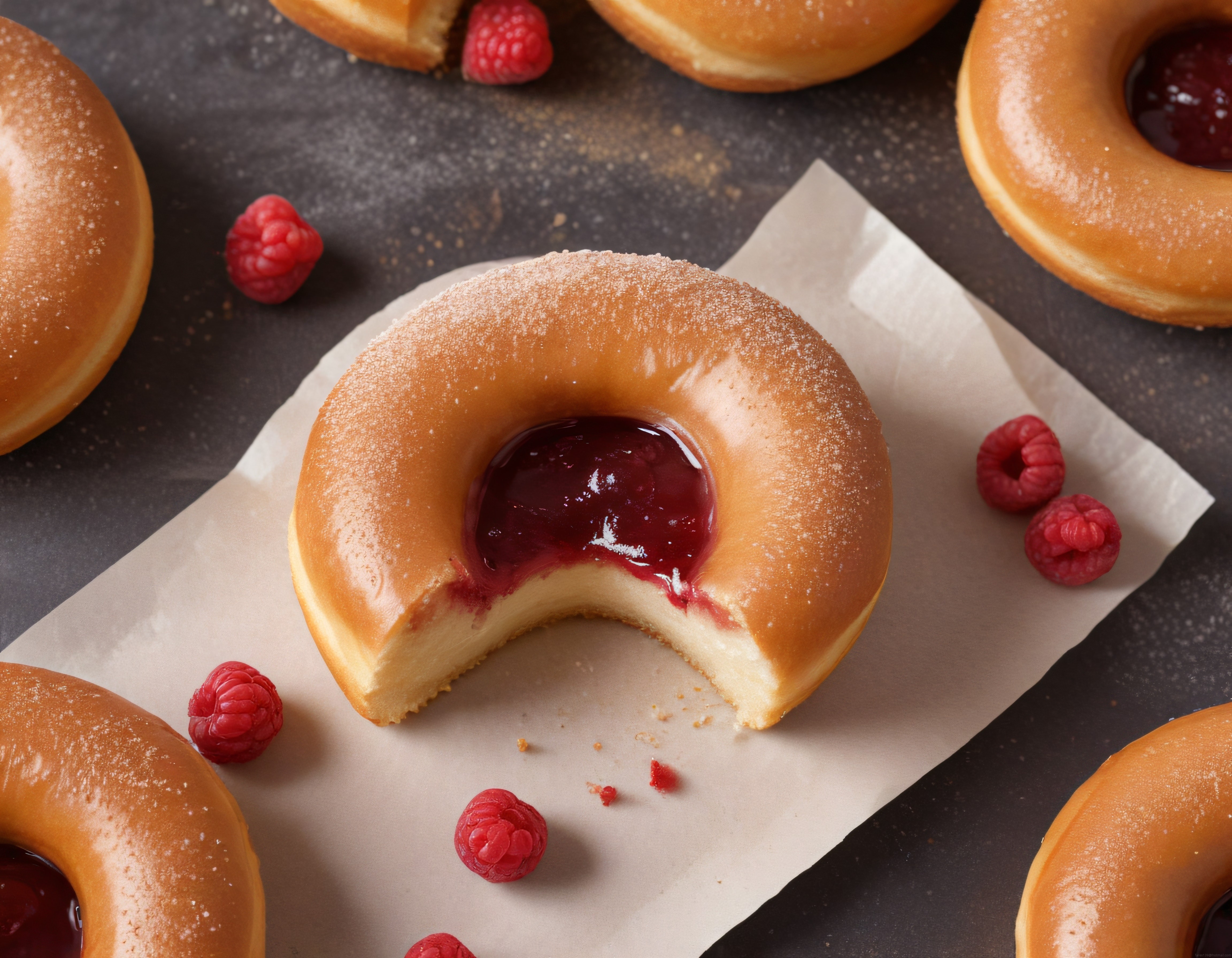 Pudra Şekerli Ahududu Dolgulu Isırık Alınmış Donut ve Taze Ahududular