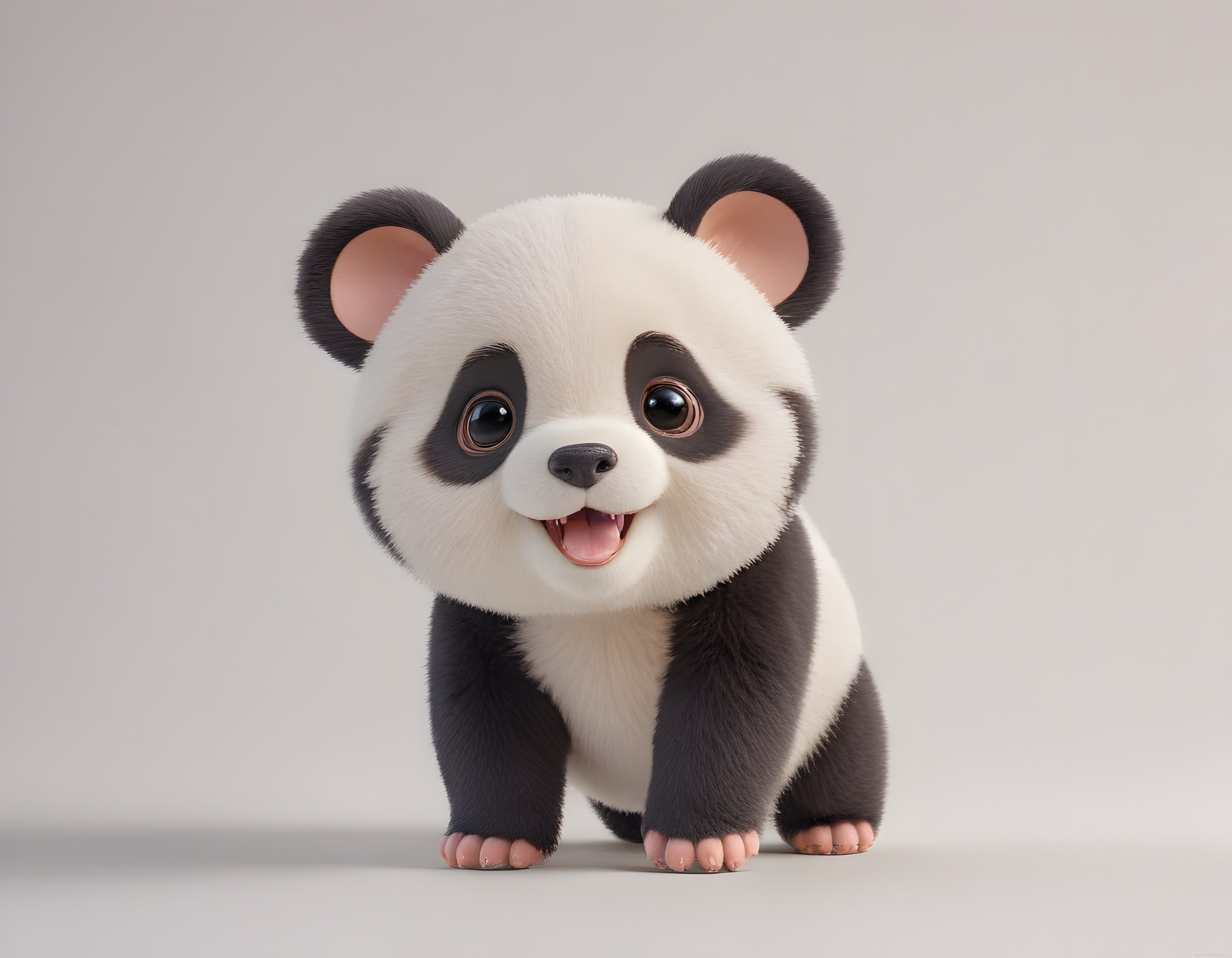 Pufuduk Tüylü Sevimli 3D Panda Karakteri Büyük Kahverengi Gözleriyle Gülümsüyor