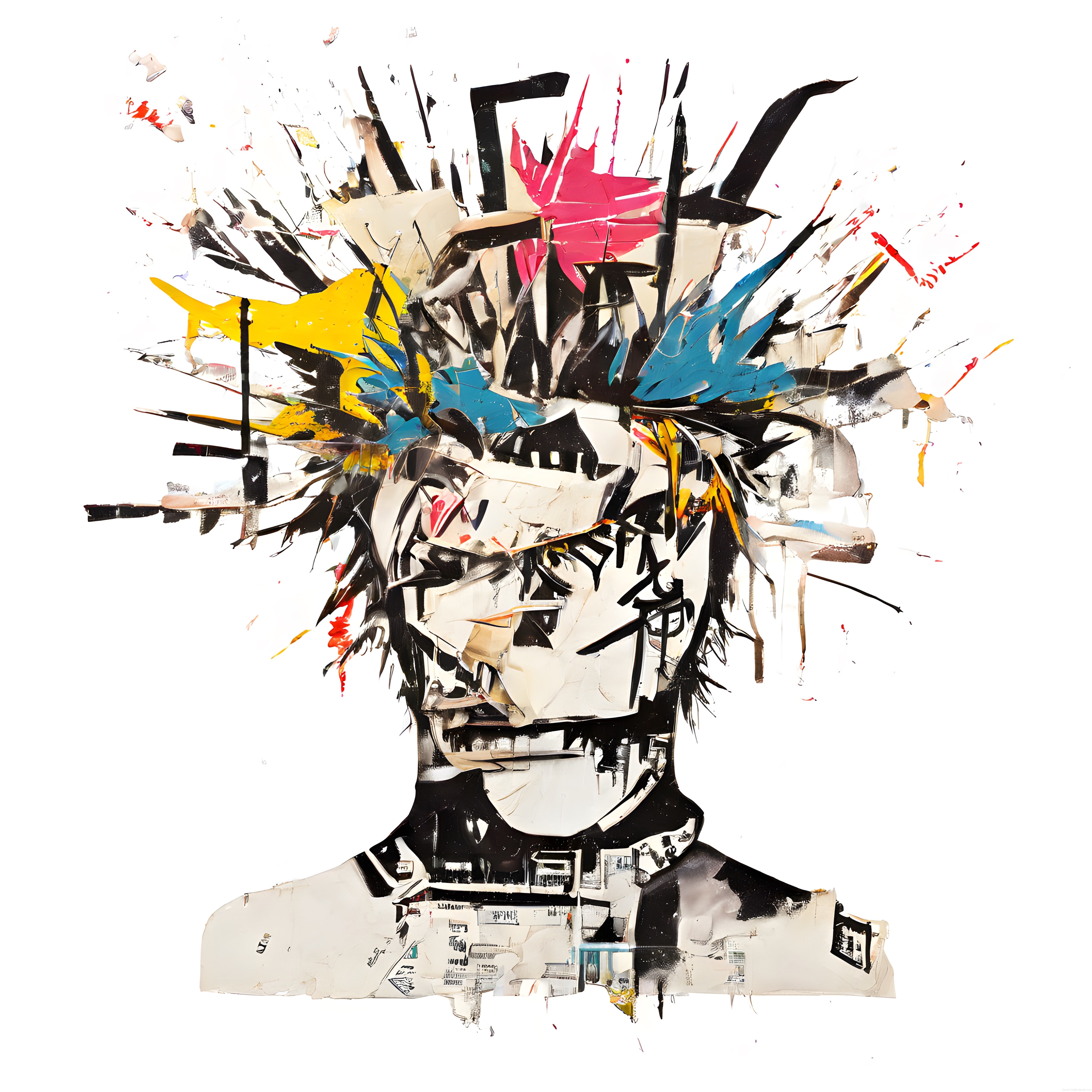 Punk tarzı modern kolaj portre: renkli mohawk saçlı sanatsal karakter tasarımı