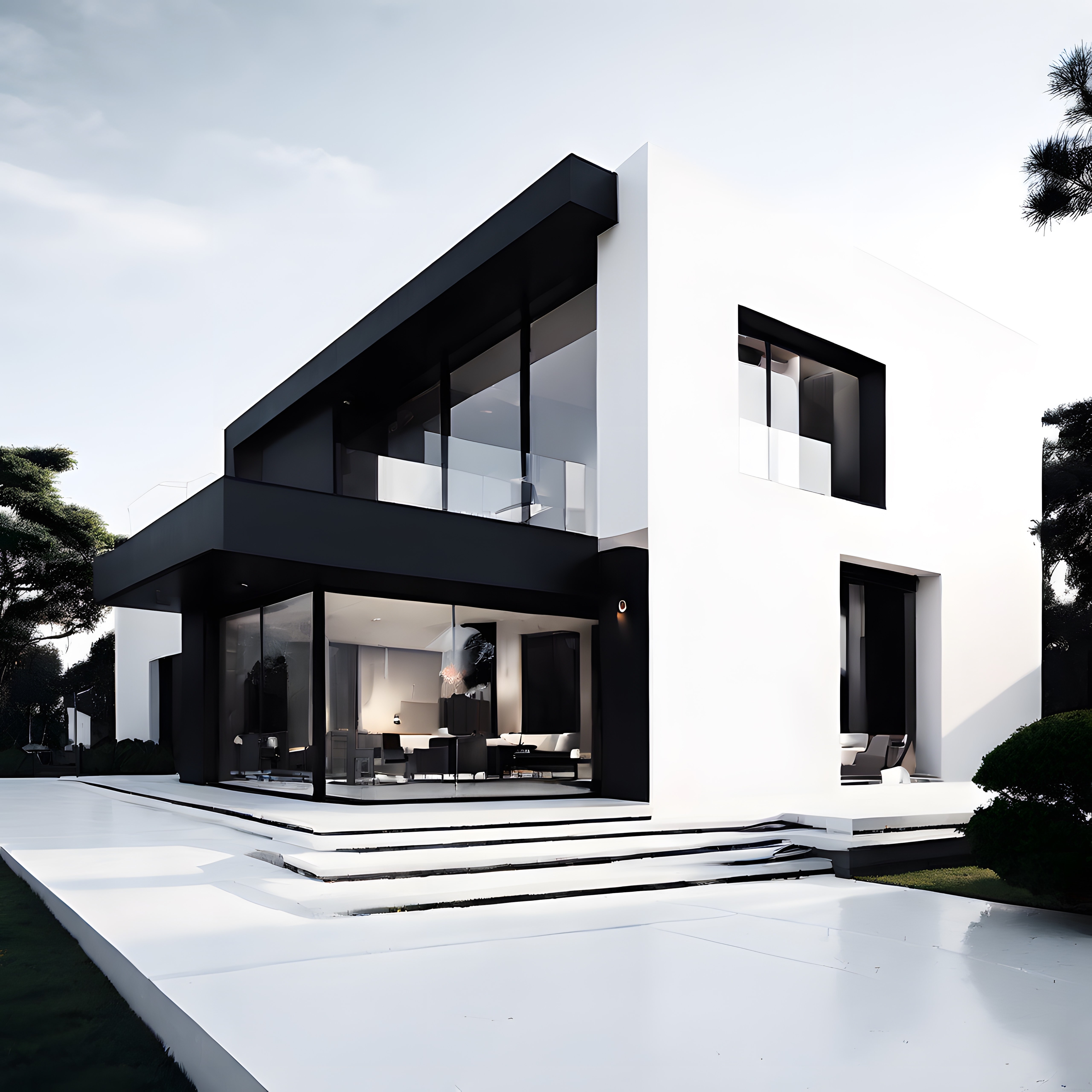 Pürüzsüz Beyaz Yüzeyler ve Siyah Detaylarla Modern Lüks Villa Tasarımı