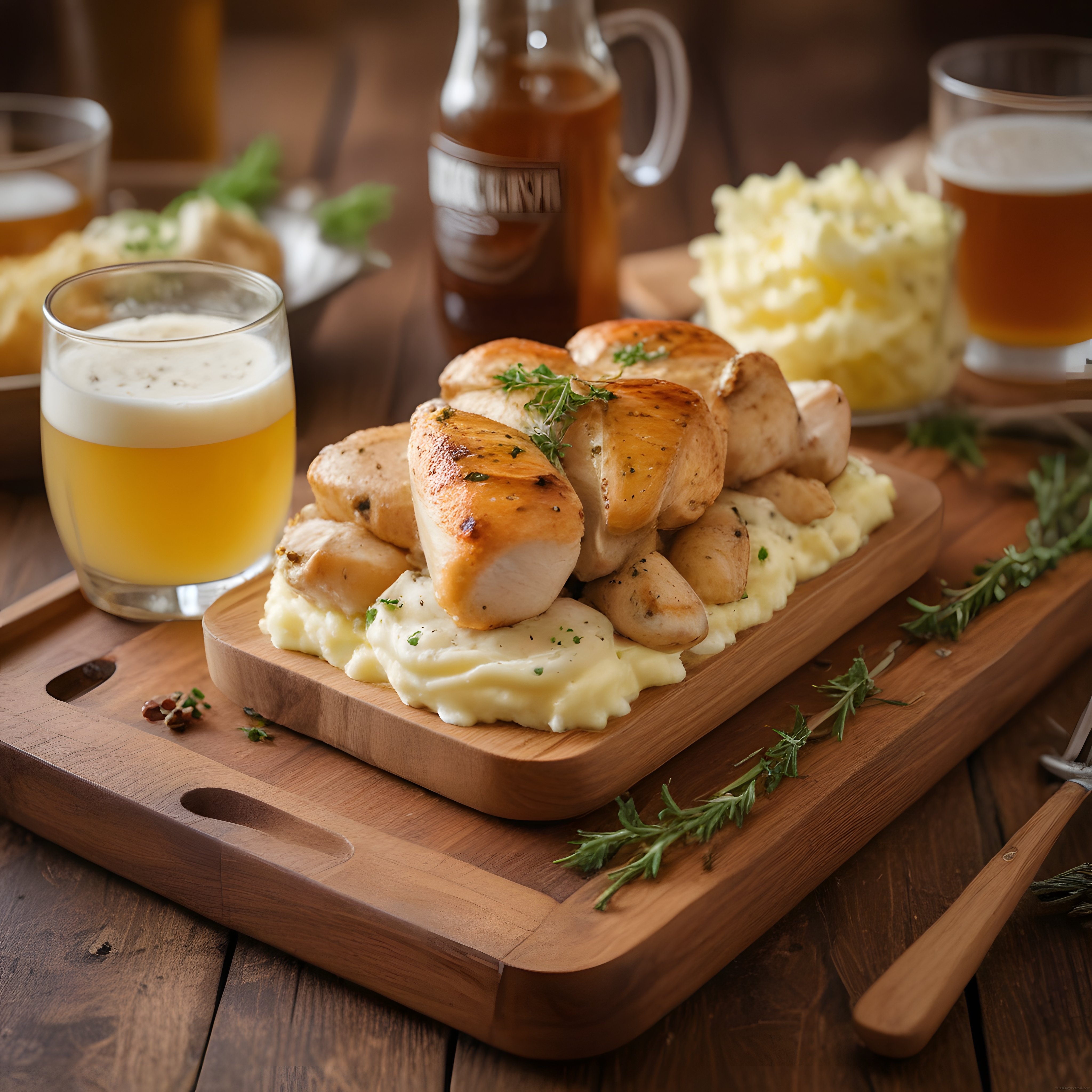 Pürüzsüz Patates Püresi Üzerinde Kızarmış Tavuk ve Bira Eşliğinde Sunum