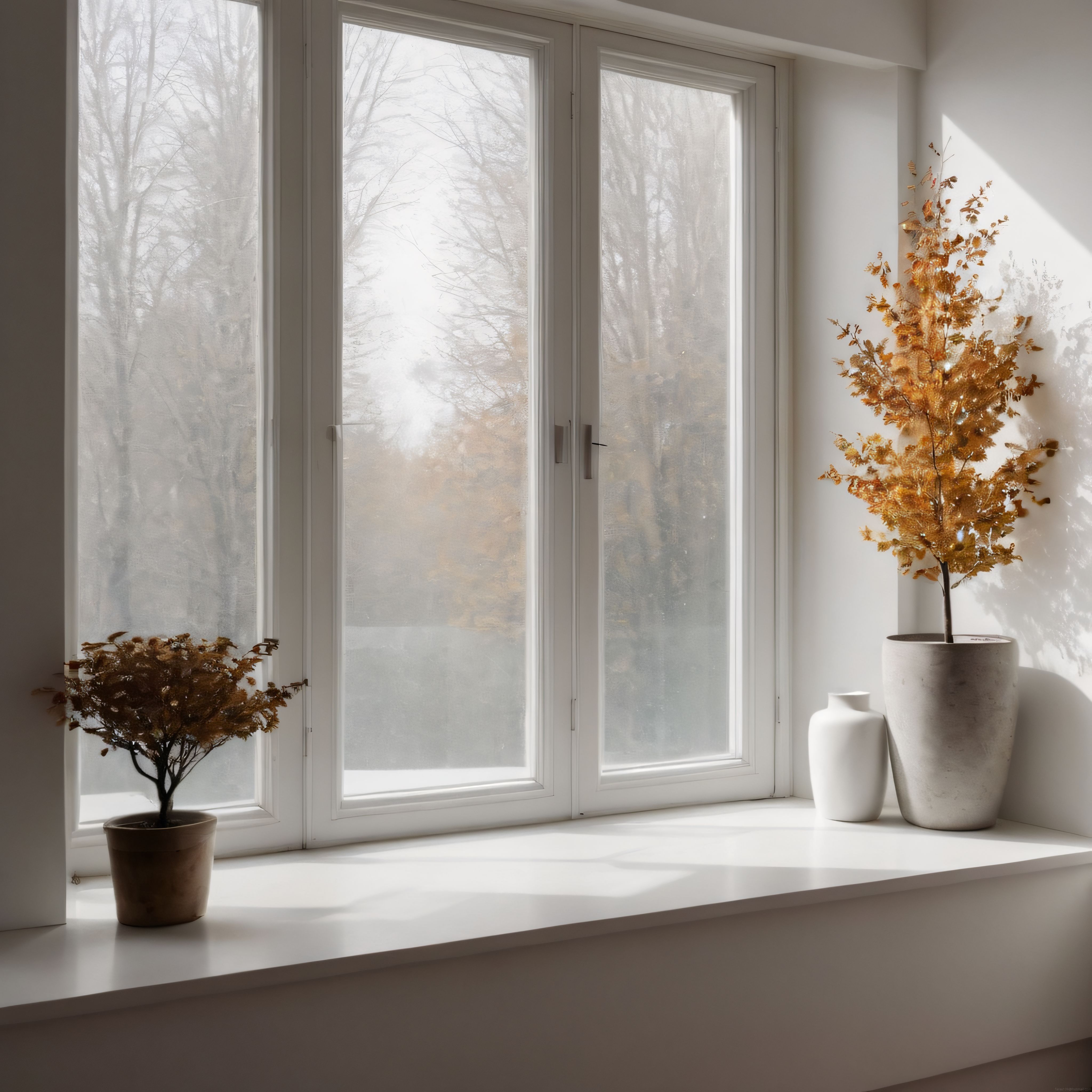 Puslu Sonbahar Manzaralı Minimalist Beyaz İç Mekan Pencere Dekoru