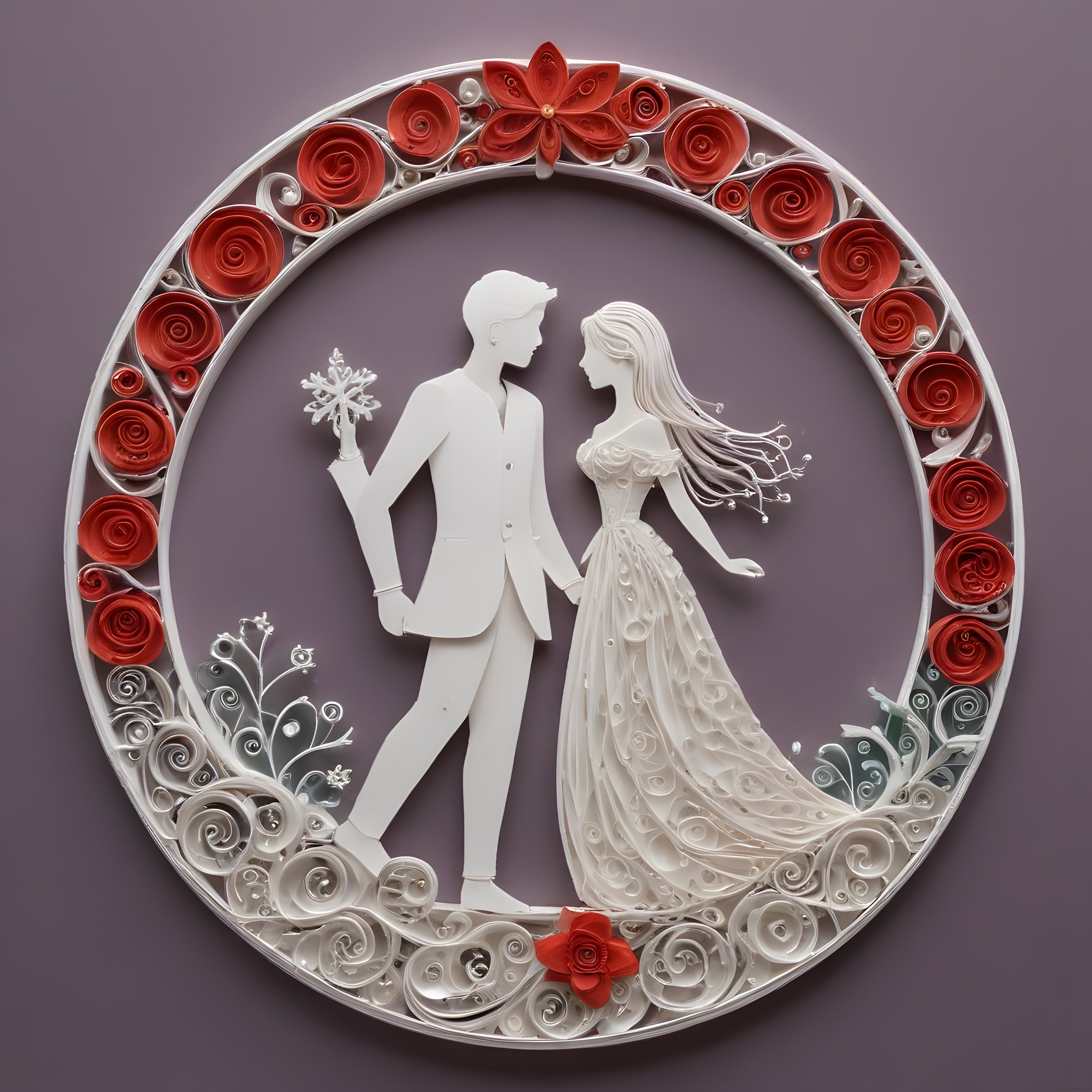 Quilling sanatıyla yapılmış romantik düğün temalı özel tasarım çerçeve
