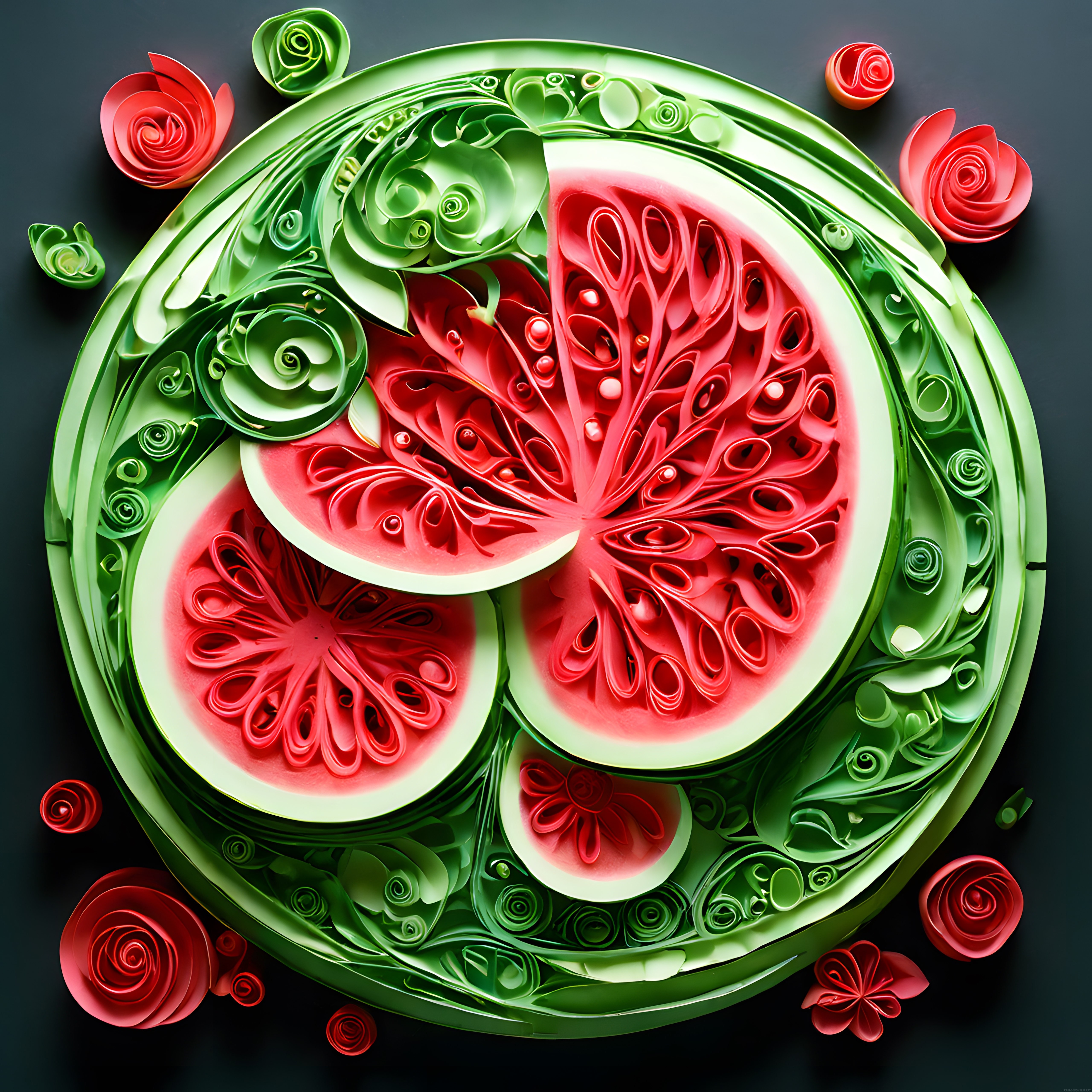 Quilling tekniğiyle yapılmış karpuz temalı kağıt rölyef sanat eseri