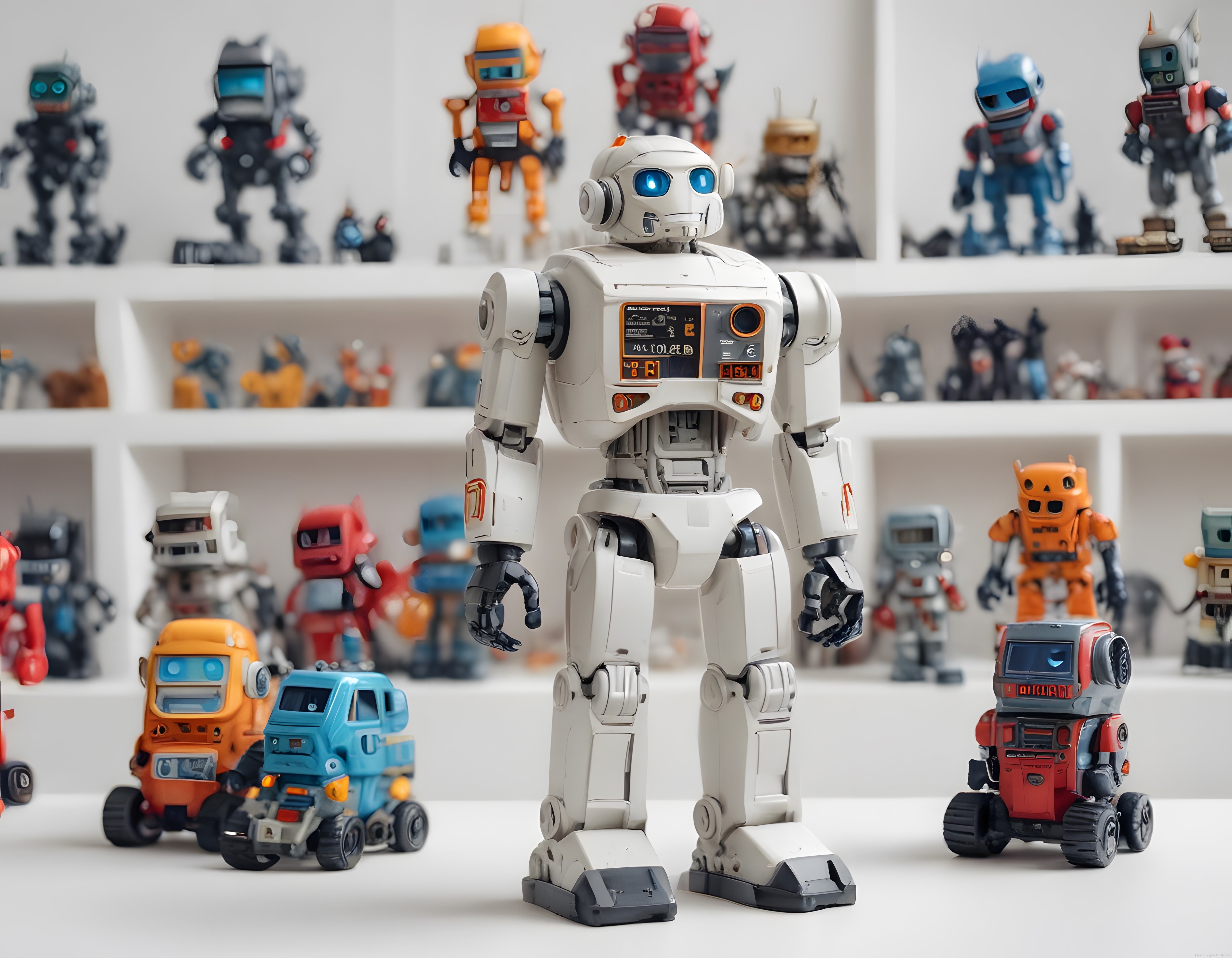 Raflardaki Renkli Retro Robot Figürleri ve Modern Beyaz İnsanoid Robot Tasarımı