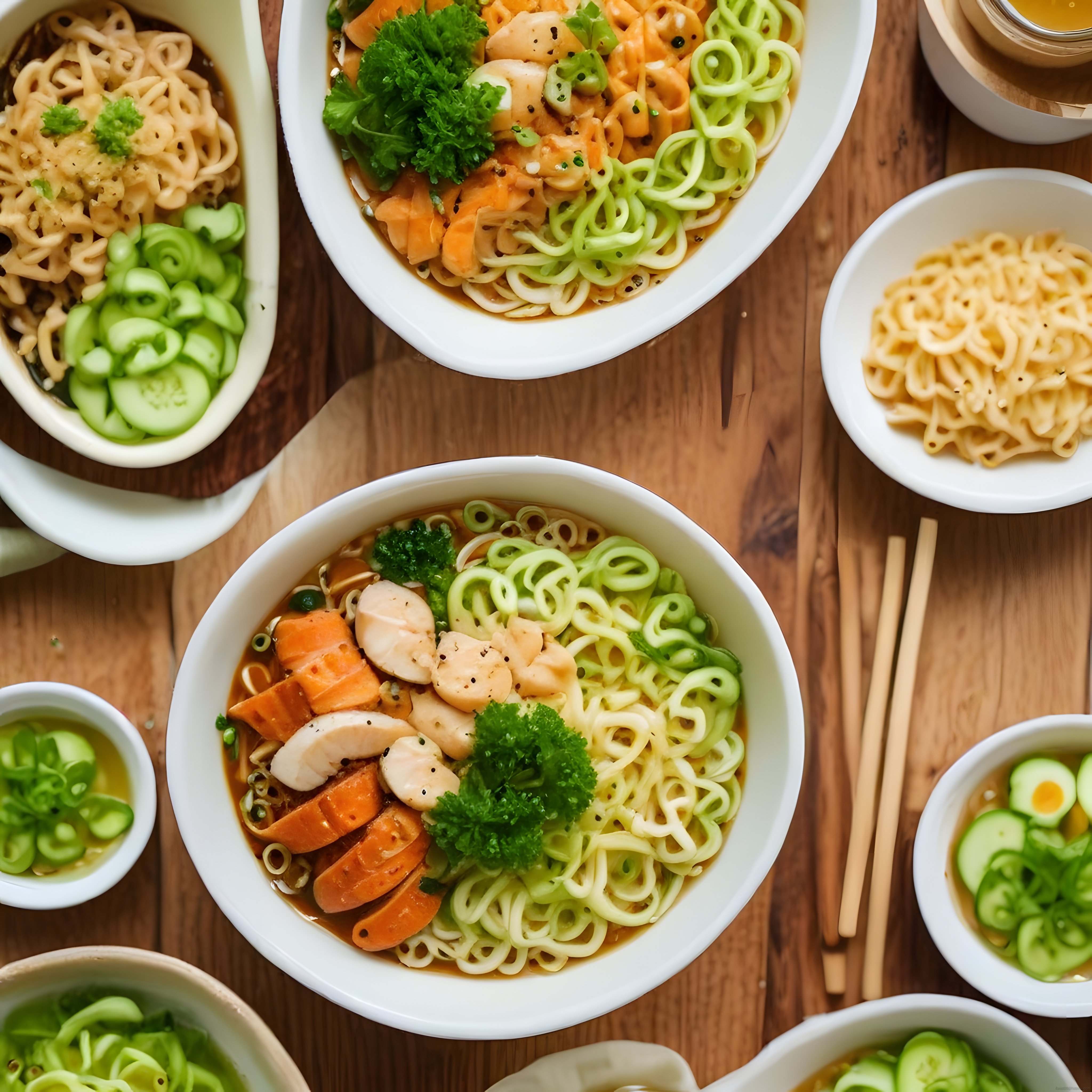 Ramen Kâseleri ve Yeşil Erişte: Ahşap Masada Asya Mutfağı Sunumu