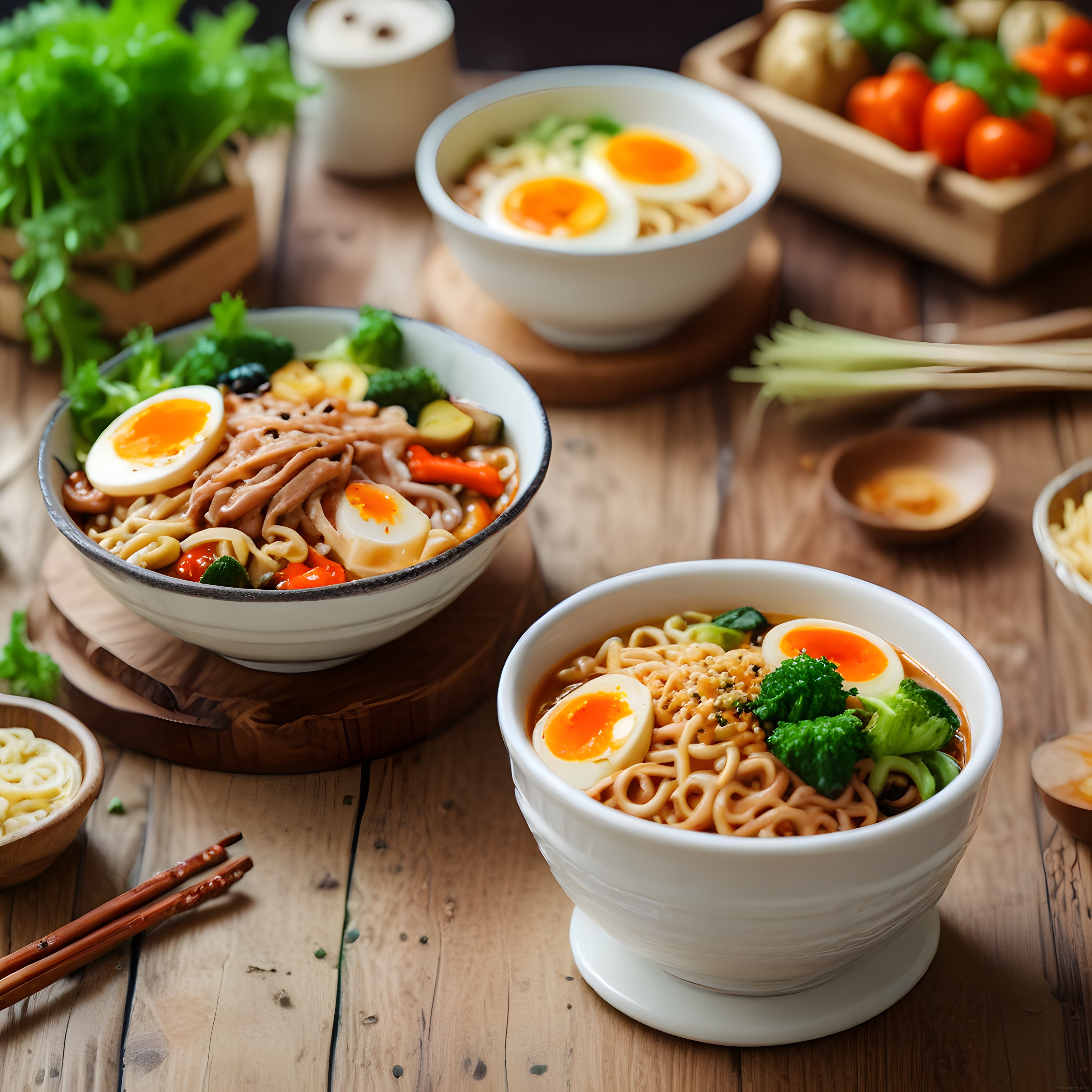Ramen Kasesiyle Sunulan Sıcacık Japon Noodle Çorbası ve Taze Malzemeler