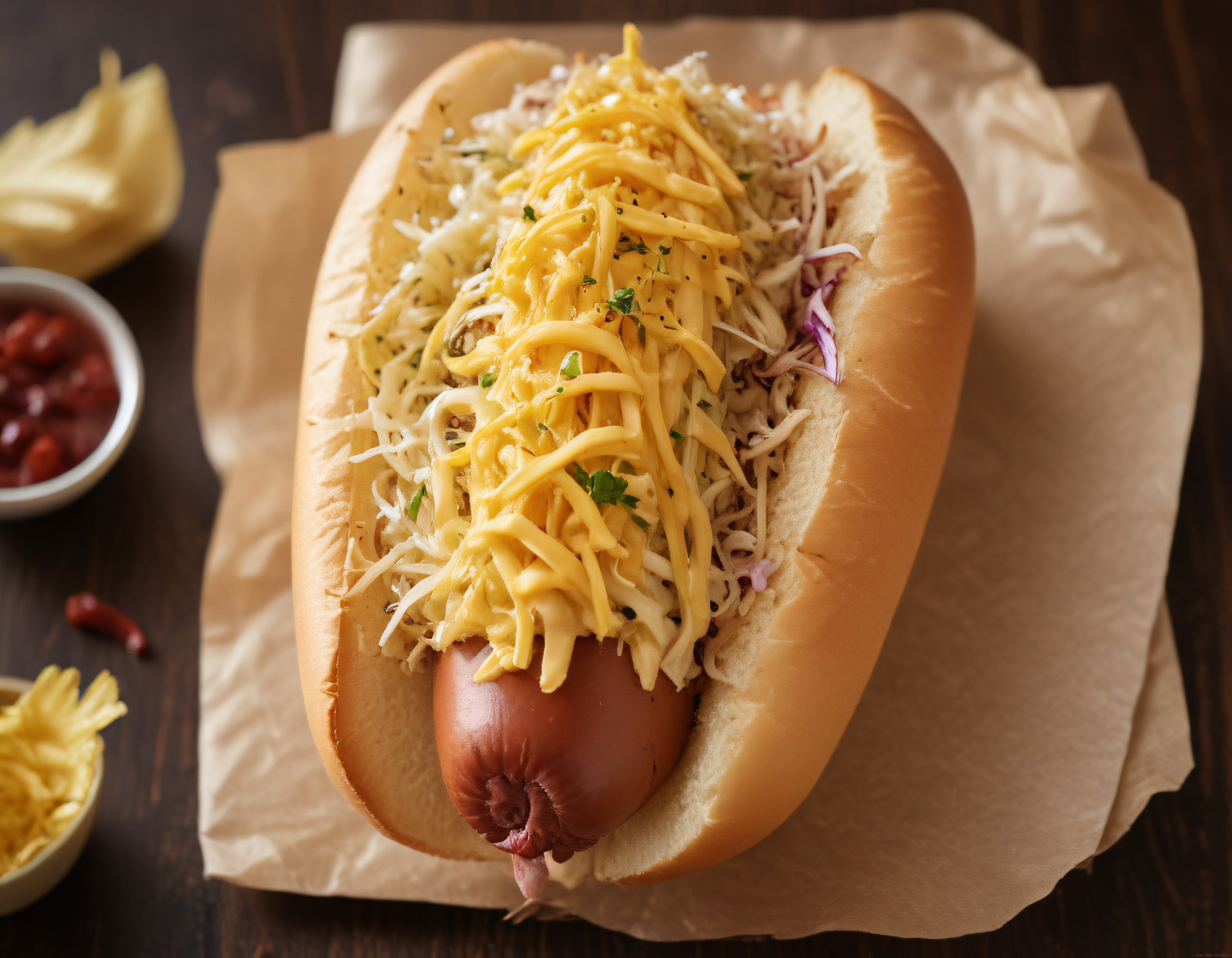 Rendelenmiş Cheddar Peyniri ve Lahana Salatasıyla Süslenmiş Sosisli Sandviç