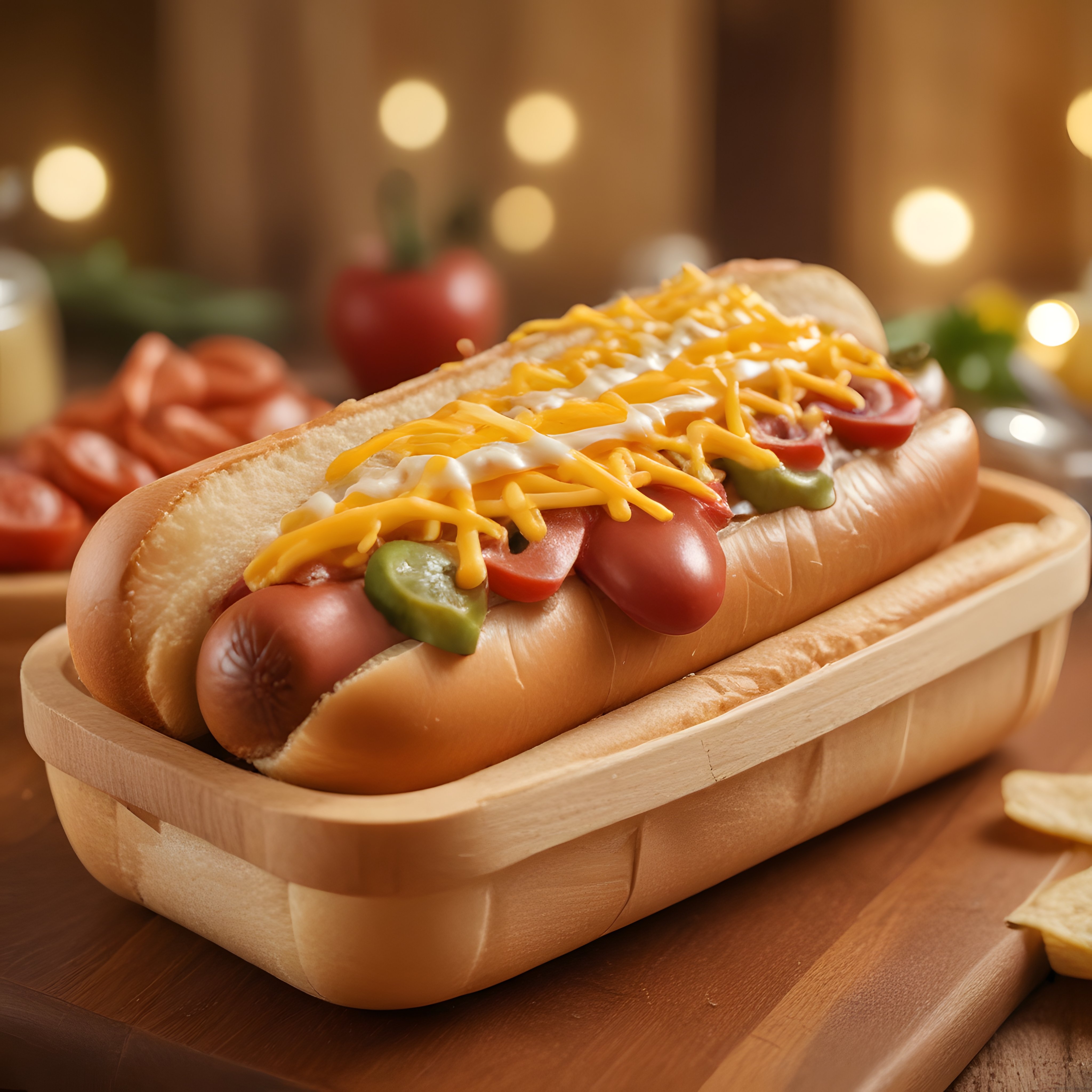Rendelenmiş Cheddarlı, Domatesli ve Biberli Sıcacık Hot Dog Sunumu