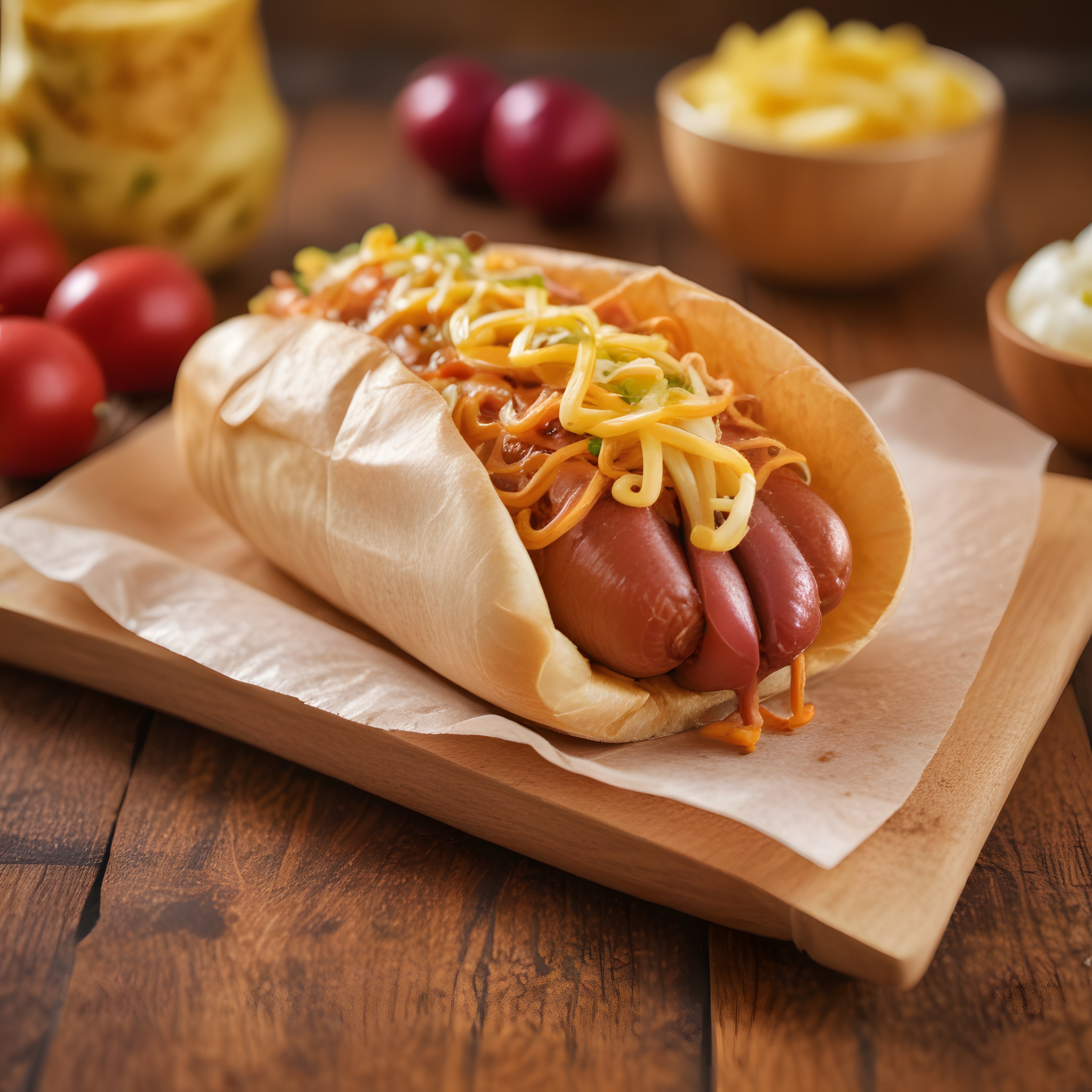 Rendelenmiş Peynir ve Chili Sos ile Süslenmiş Nefis Hot Dog Sunumu