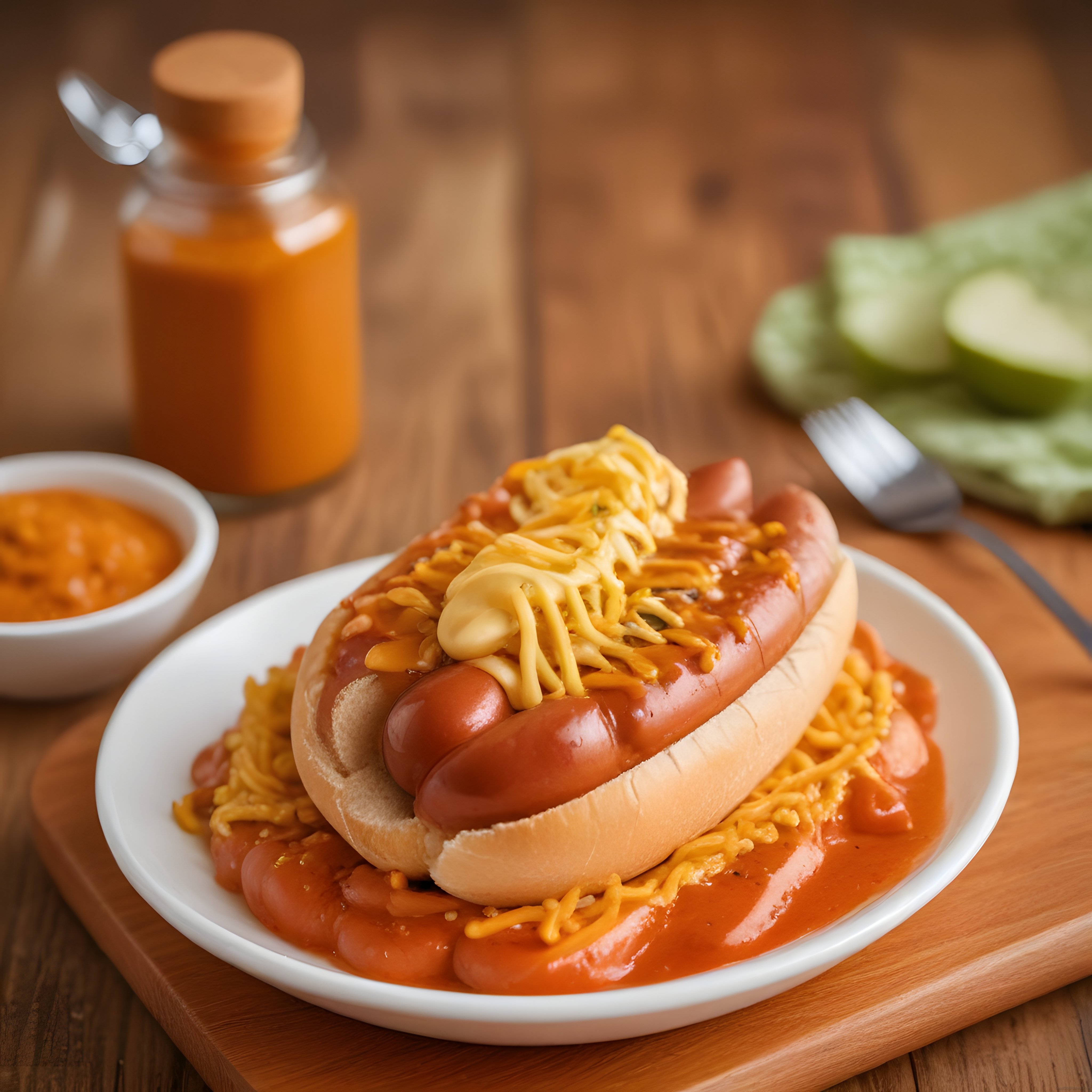 Rendelenmiş Peynir ve Domates Sosuyla Süslenmiş Lezzetli Hot Dog Sunumu
