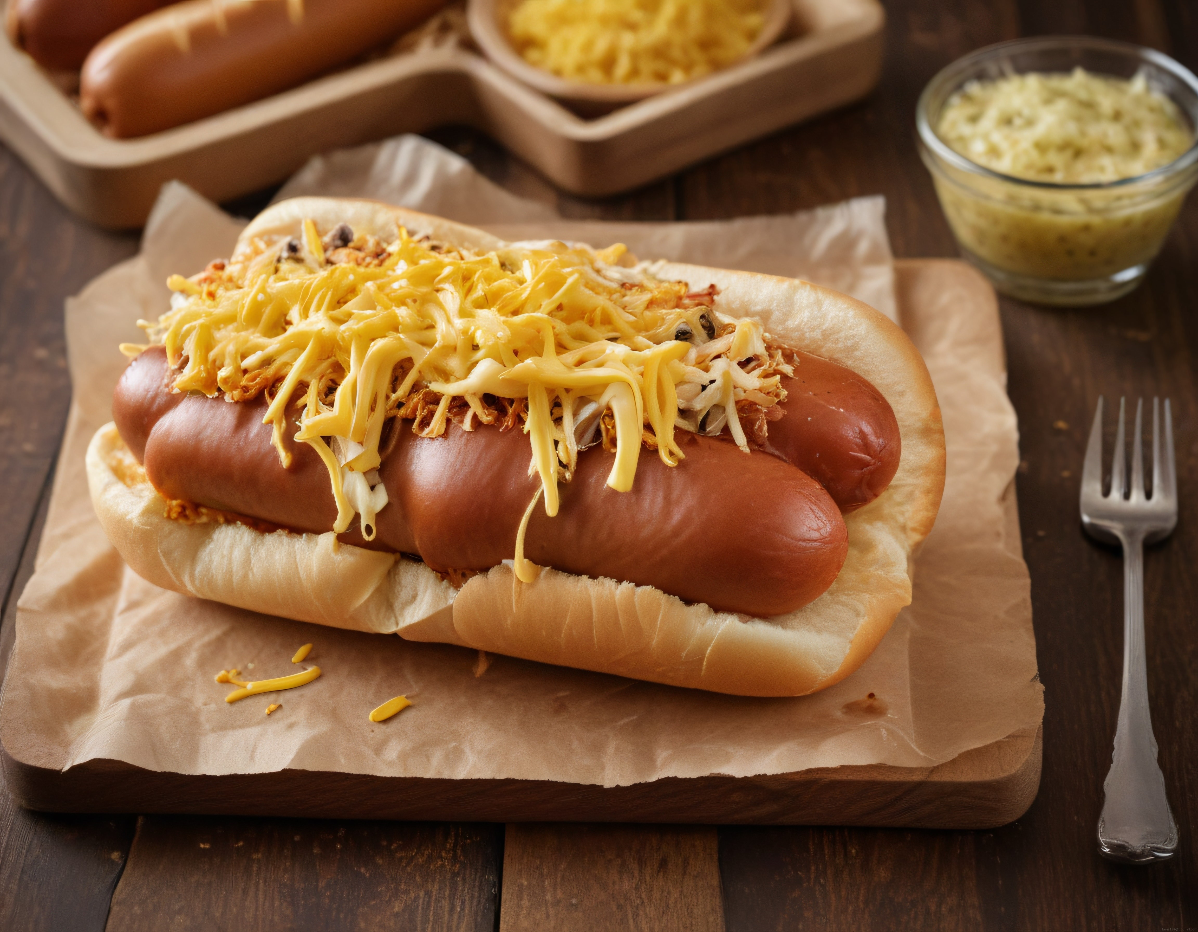 Rendelenmiş Peynir ve Kızarmış Soğan ile Süslenmiş Nefis Hot Dog Görseli