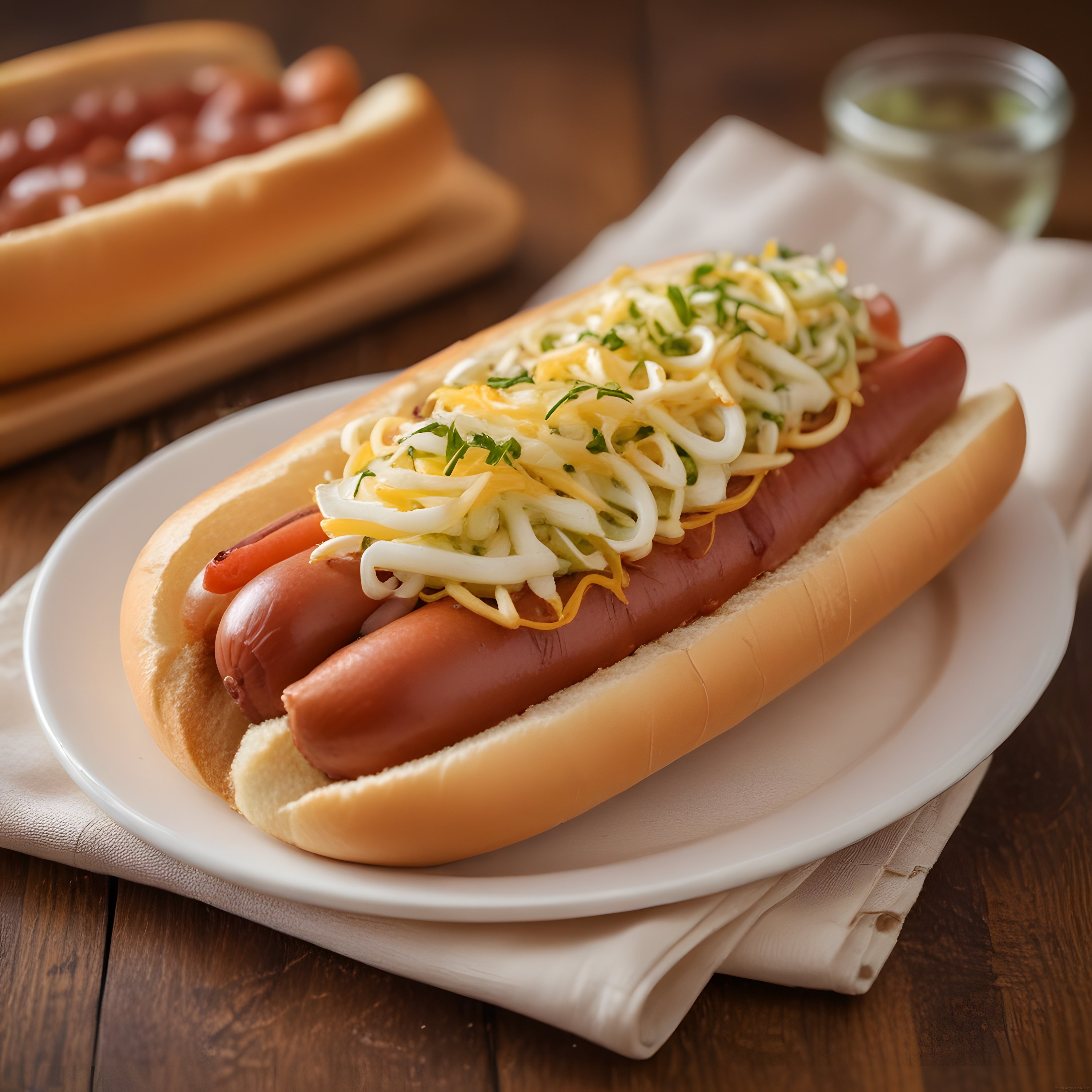 Rendelenmiş Peynir ve Taze Yeşilliklerle Süslenmiş Lezzetli Hot Dog