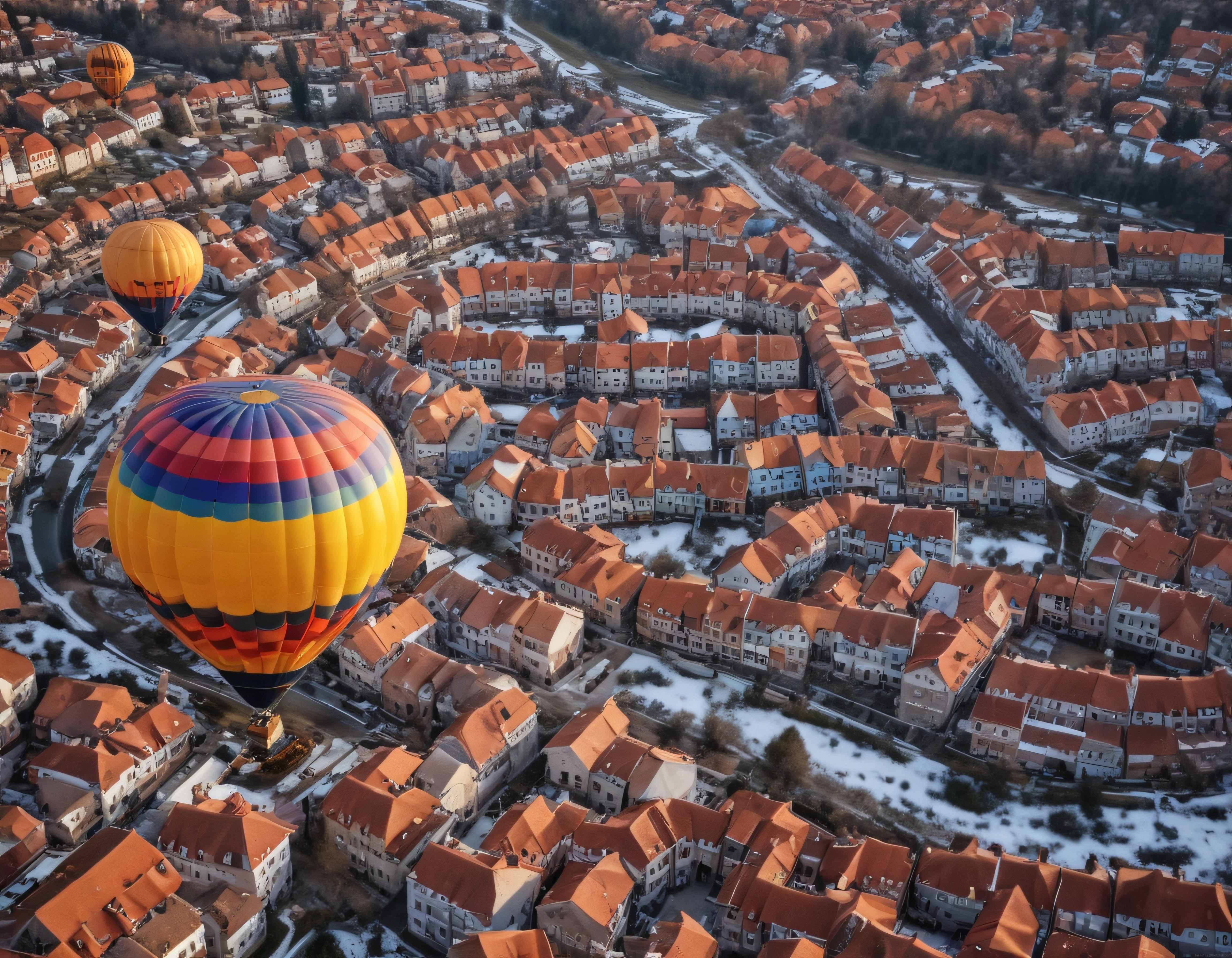 Rengarenk Balonların Karlı Avrupa Kasabası Üzerindeki Büyüleyici Uçuşu