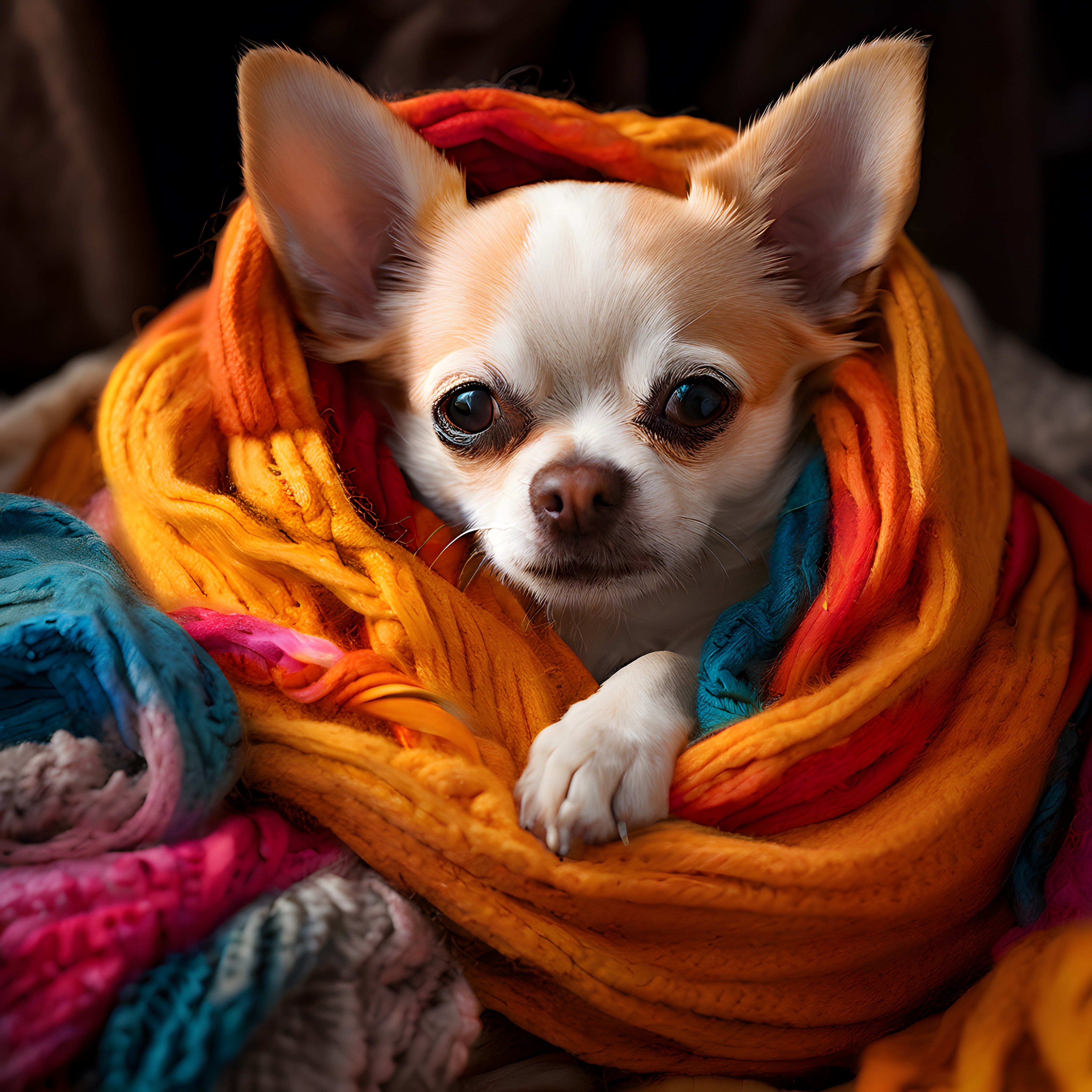 Rengarenk Battaniyeye Sarılı Sevimli Chihuahua Köpeği Kış Akşamı