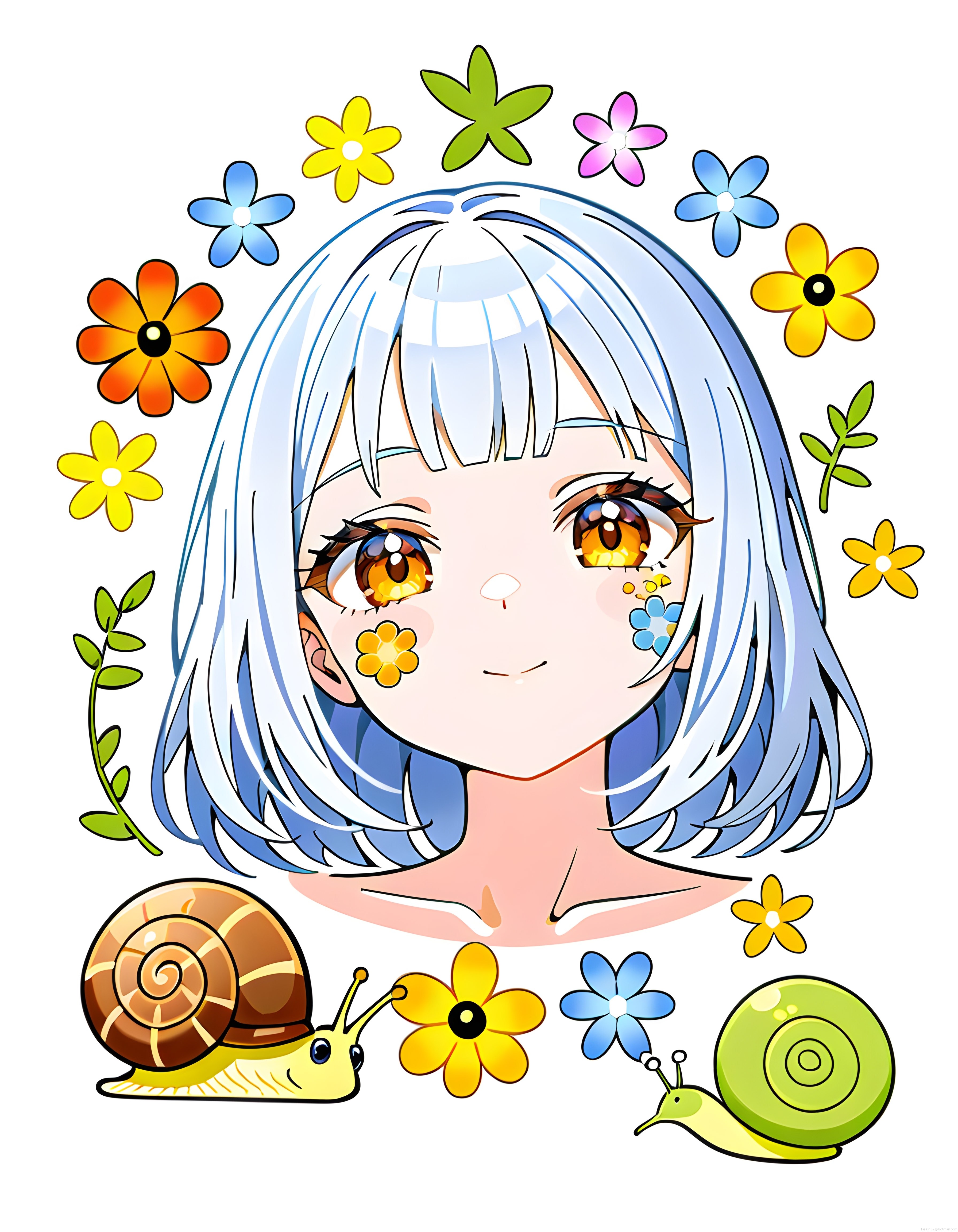 Rengarenk Çiçekler ve Sevimli Salyangozlar Eşliğinde Anime Kız Portresi