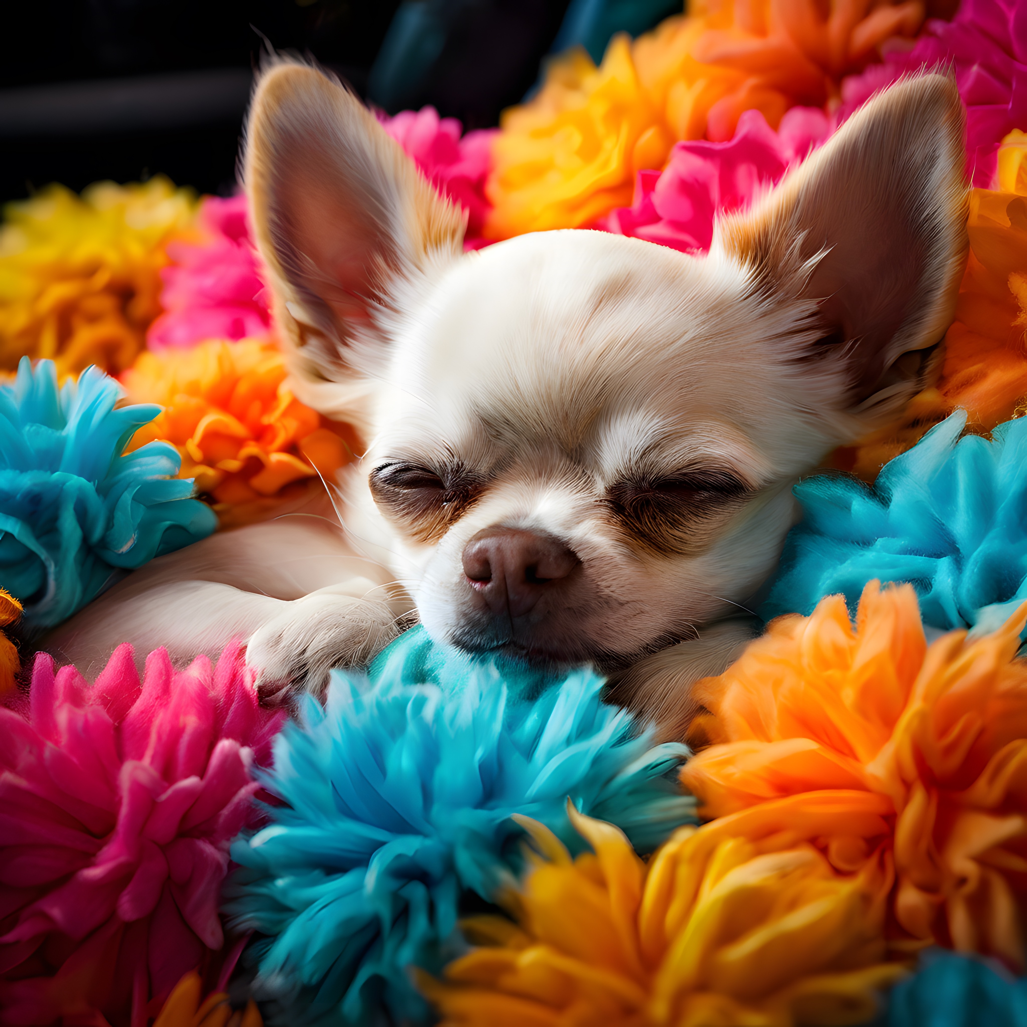 Rengarenk Çiçeklerin Arasında Uyuyan Sevimli Beyaz Chihuahua Köpeği