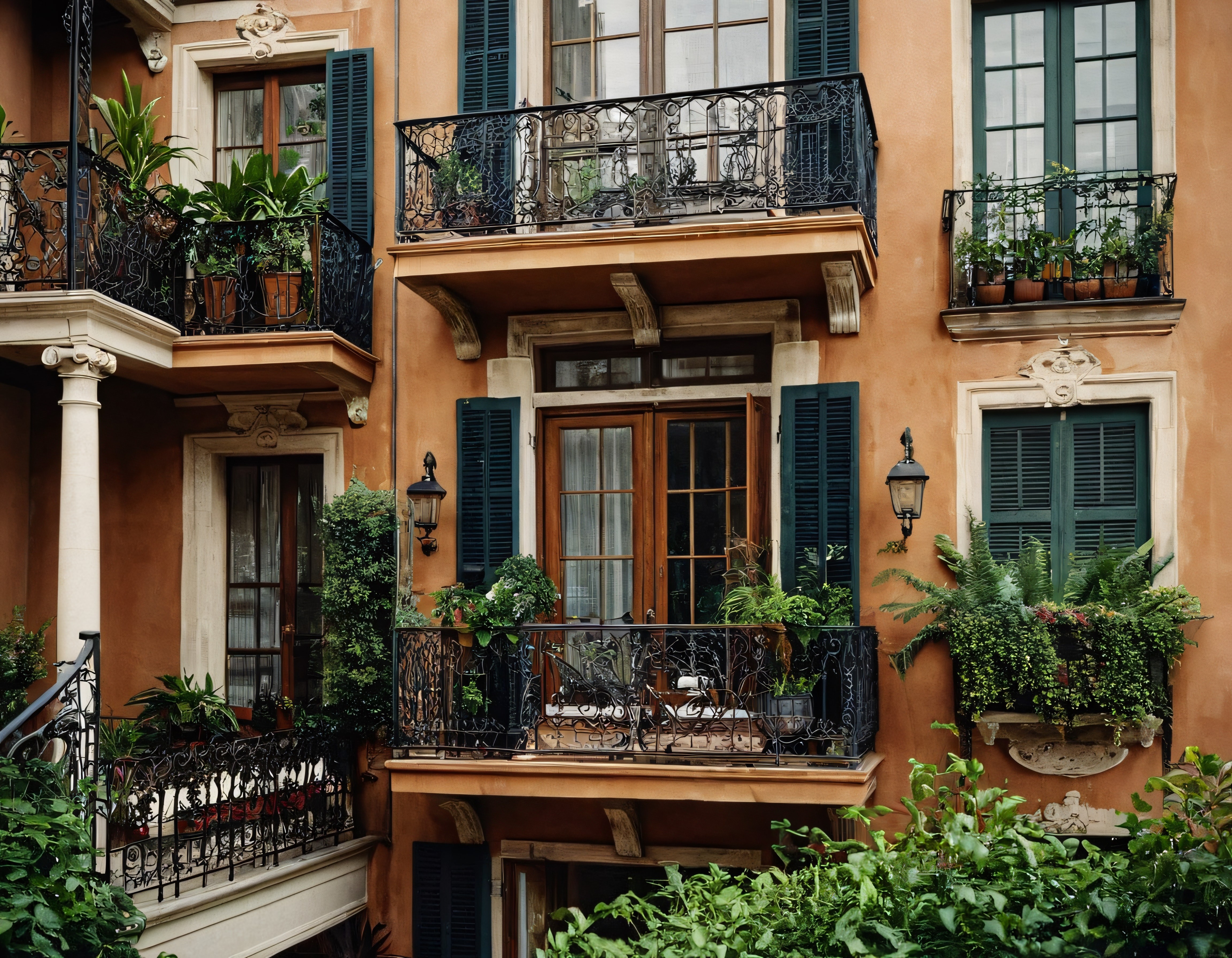 Rengarenk Çiçeklerle Süslenmiş Tarihi İtalyan Apartmanının Romantik Balkon Cephesi