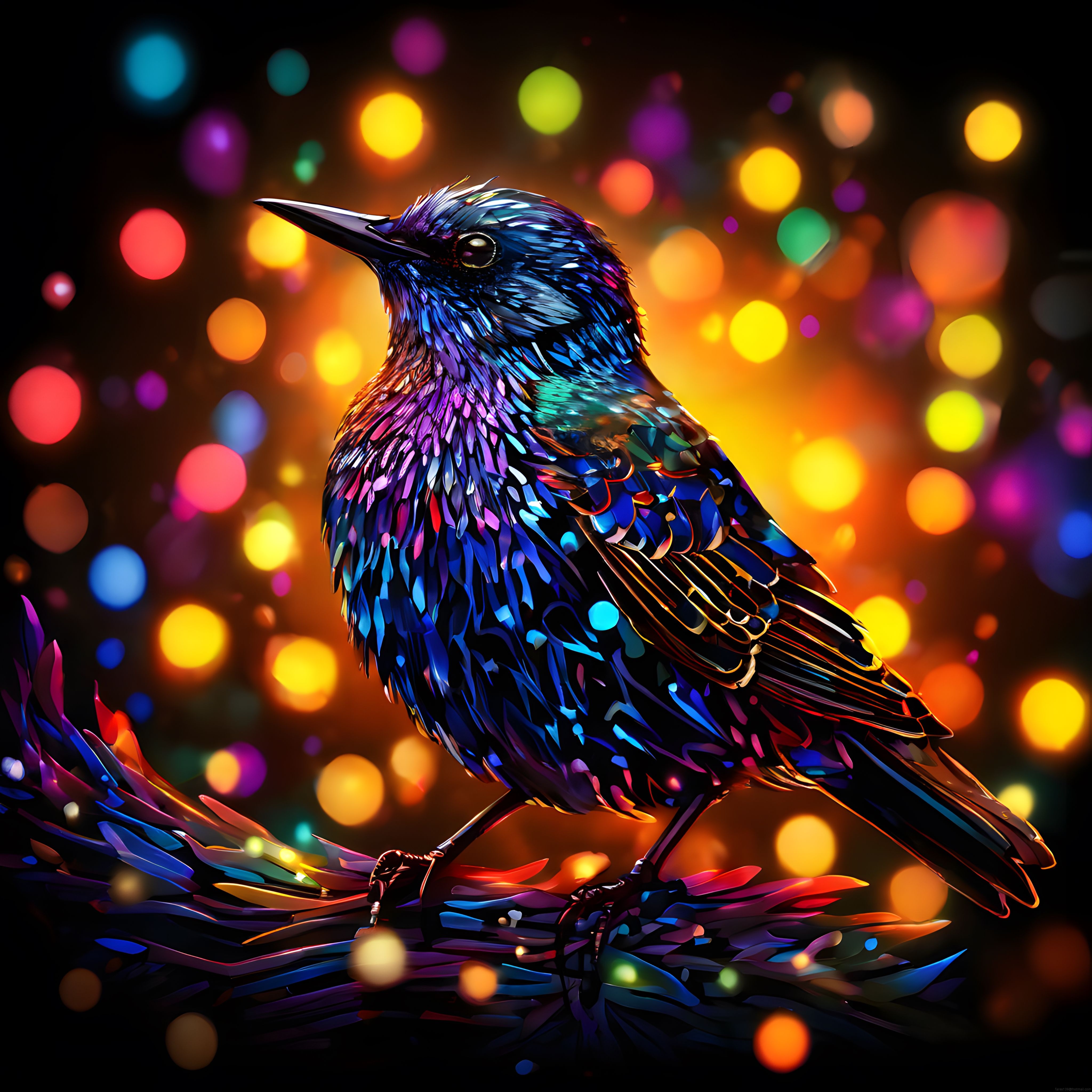 Rengarenk Dijital Sanat: Büyüleyici Bokeh Işıkları Arasında Işıltılı Kuş