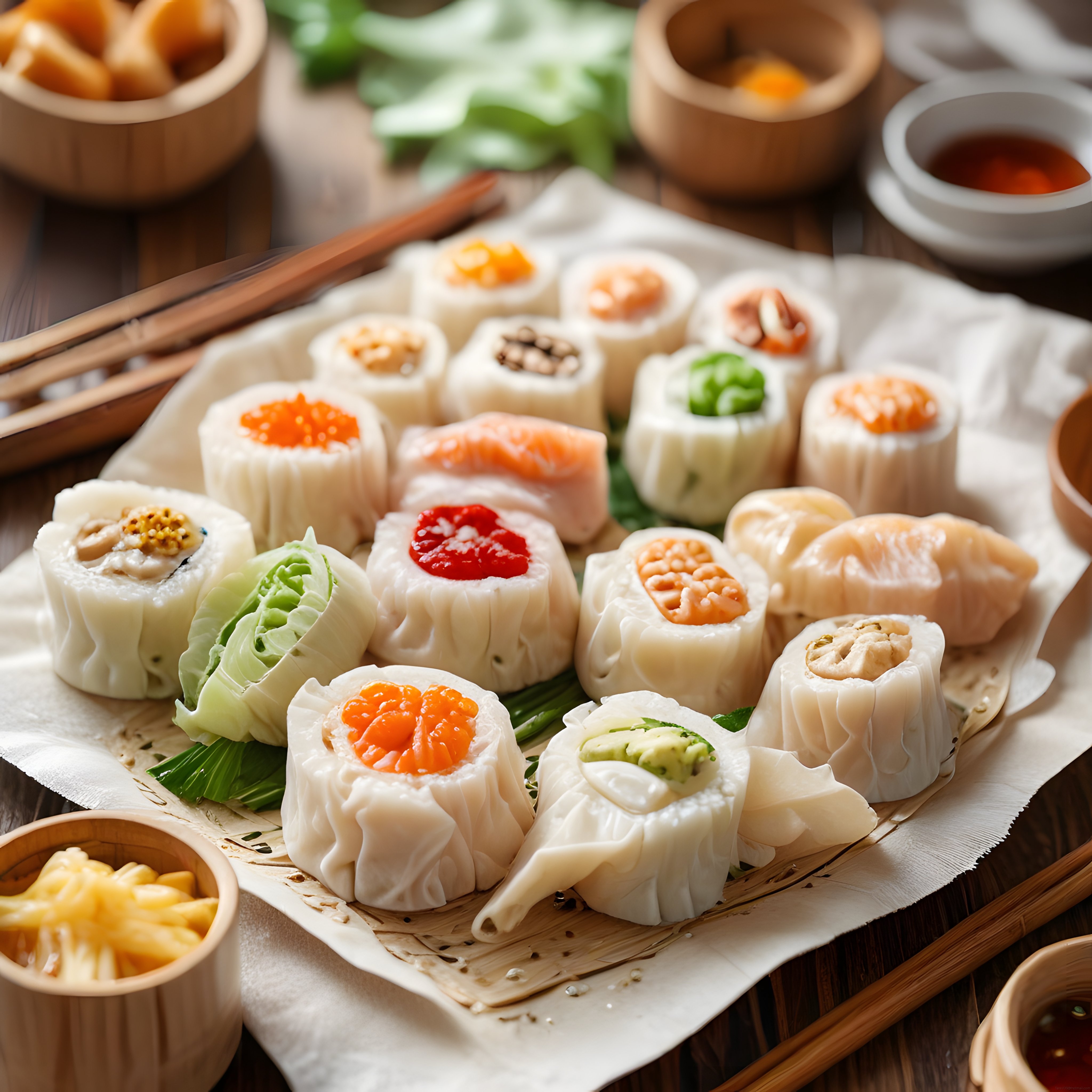 Rengarenk İç Malzemeli Buharda Pişirilmiş Dim Sum ve Çin Mantısı Sunumu