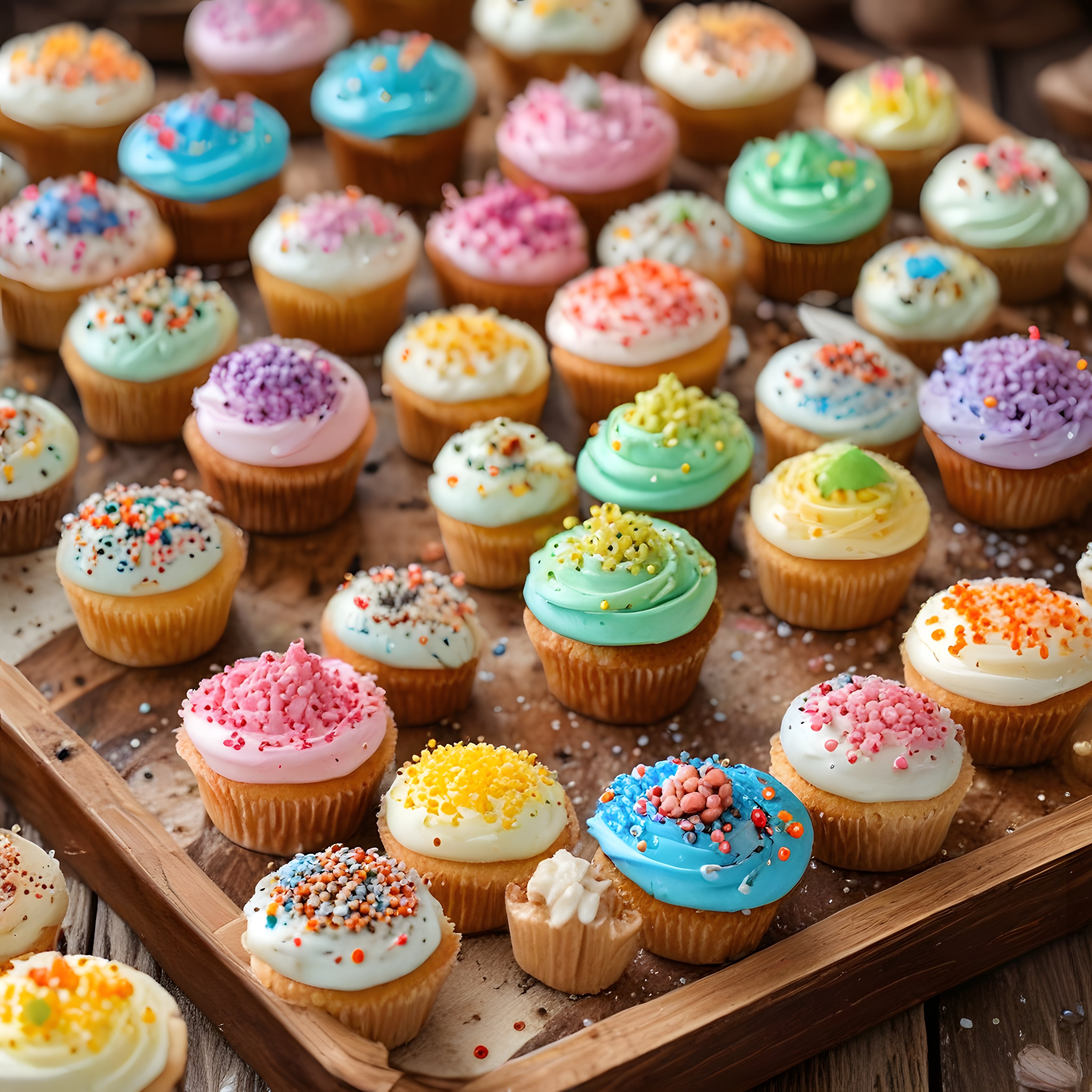 rengarenk krema kaplamalı ve şekerlemeli cupcakelerle dolu rustik sunum tepsisi