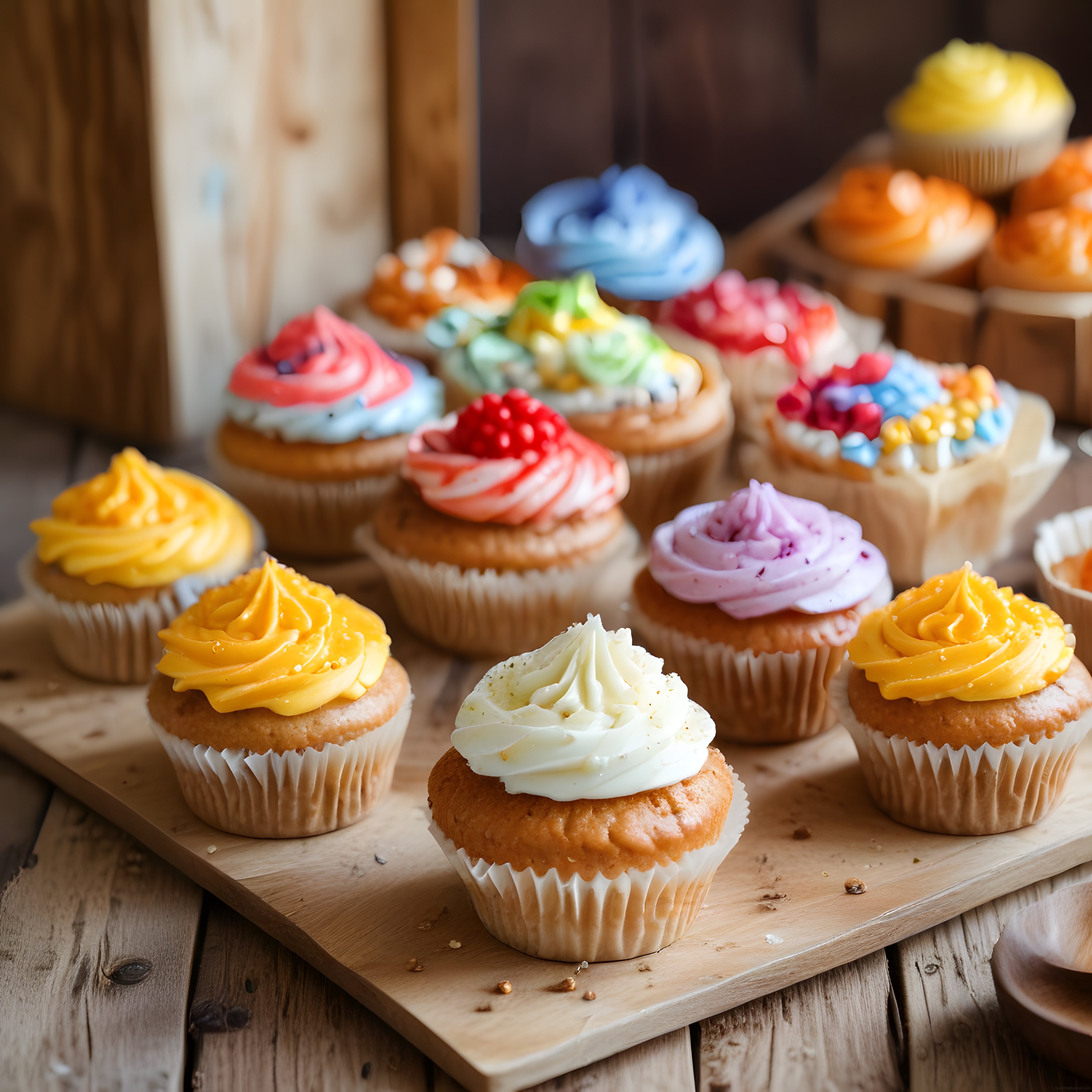 Rengarenk krema süslemeli taze cupcakelerin ahşap tepsi üzerindeki nefis sunumu