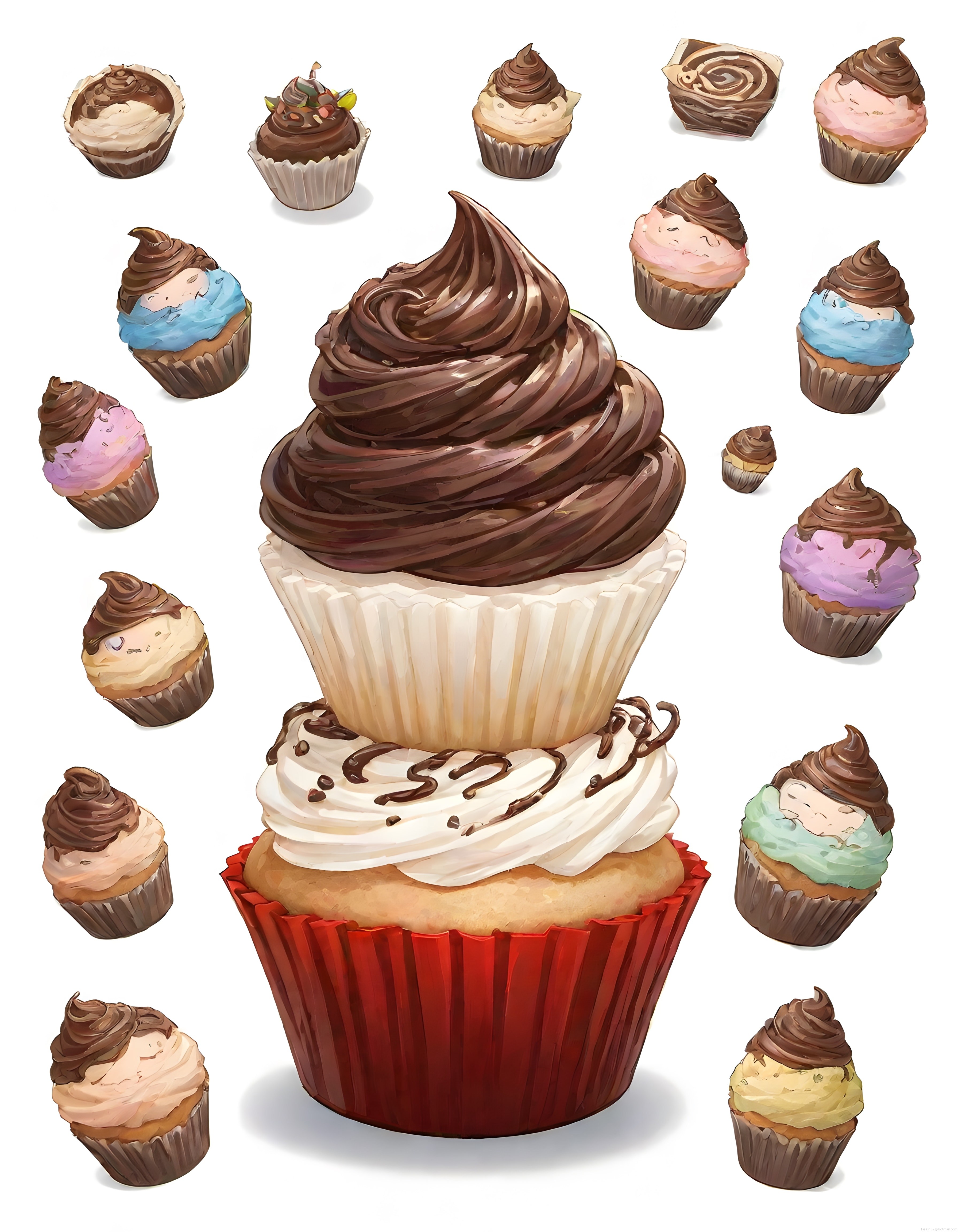 Rengarenk kremalı cupcakelerden oluşan sanatsal tatlı illüstrasyonu