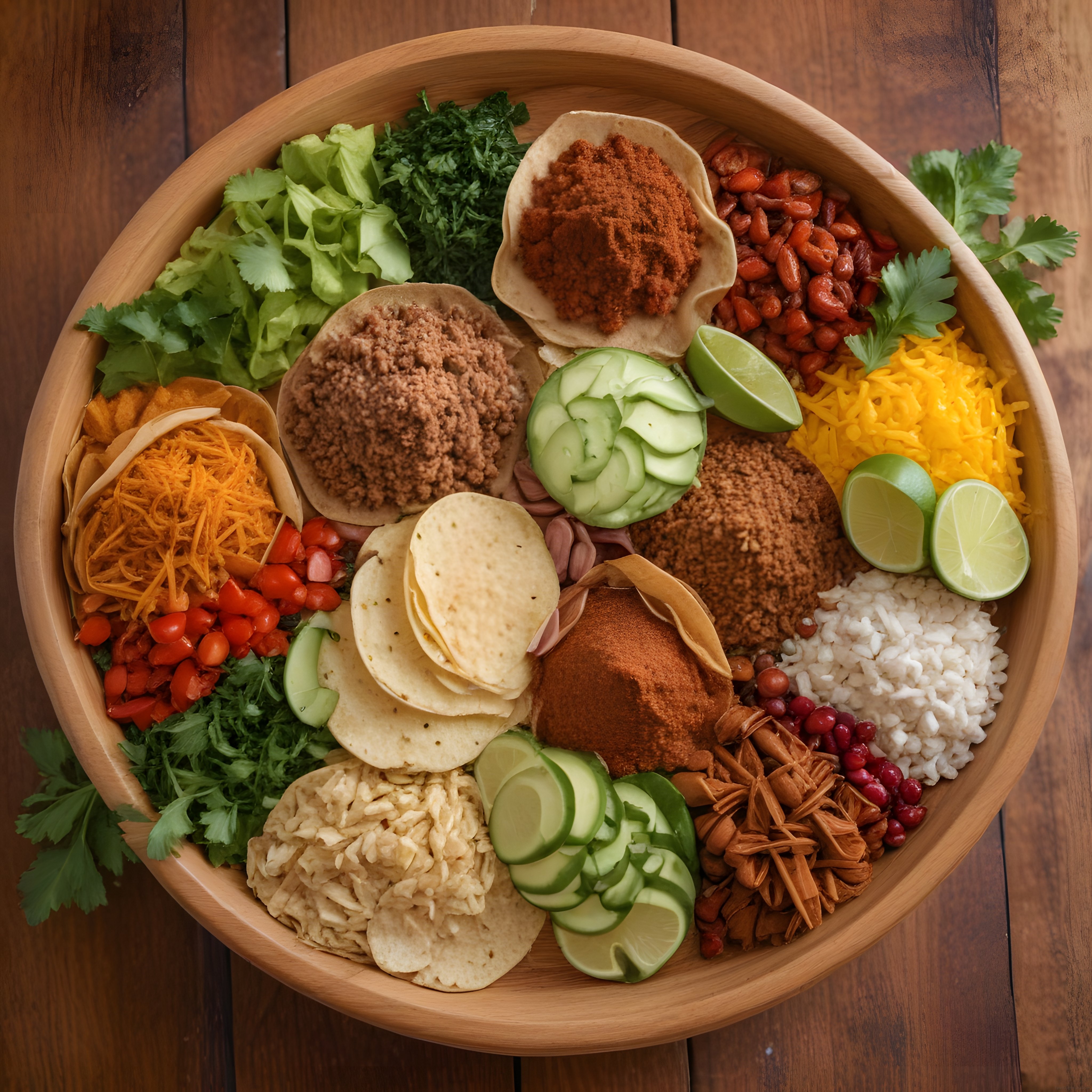 Rengarenk meksika usulü taco ve burrito malzemeleriyle dolu ahşap kase sunumu