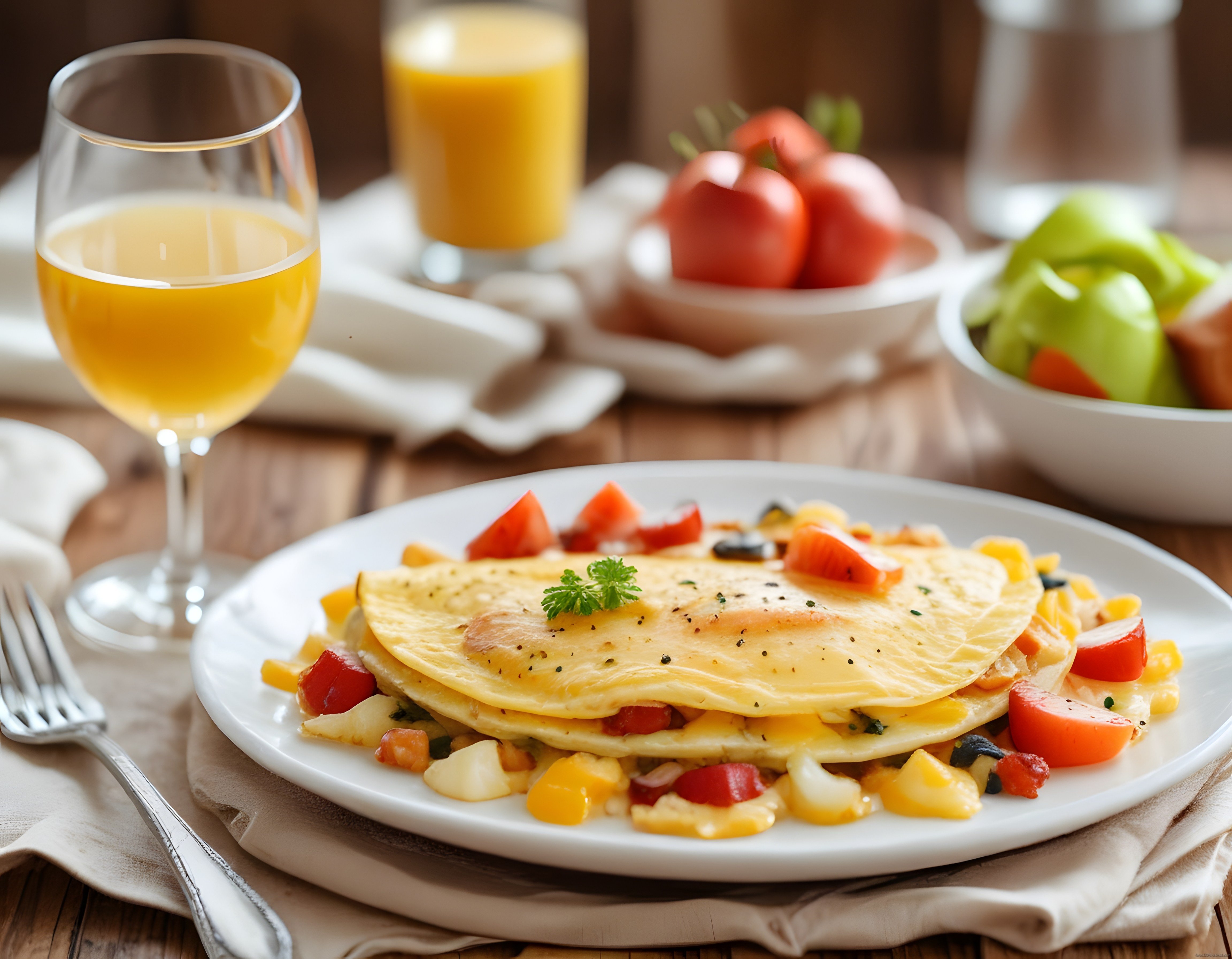 Rengarenk Sebzeli Omlet ve Taze Sıkılmış Portakal Suyu ile Kahvaltı Masası