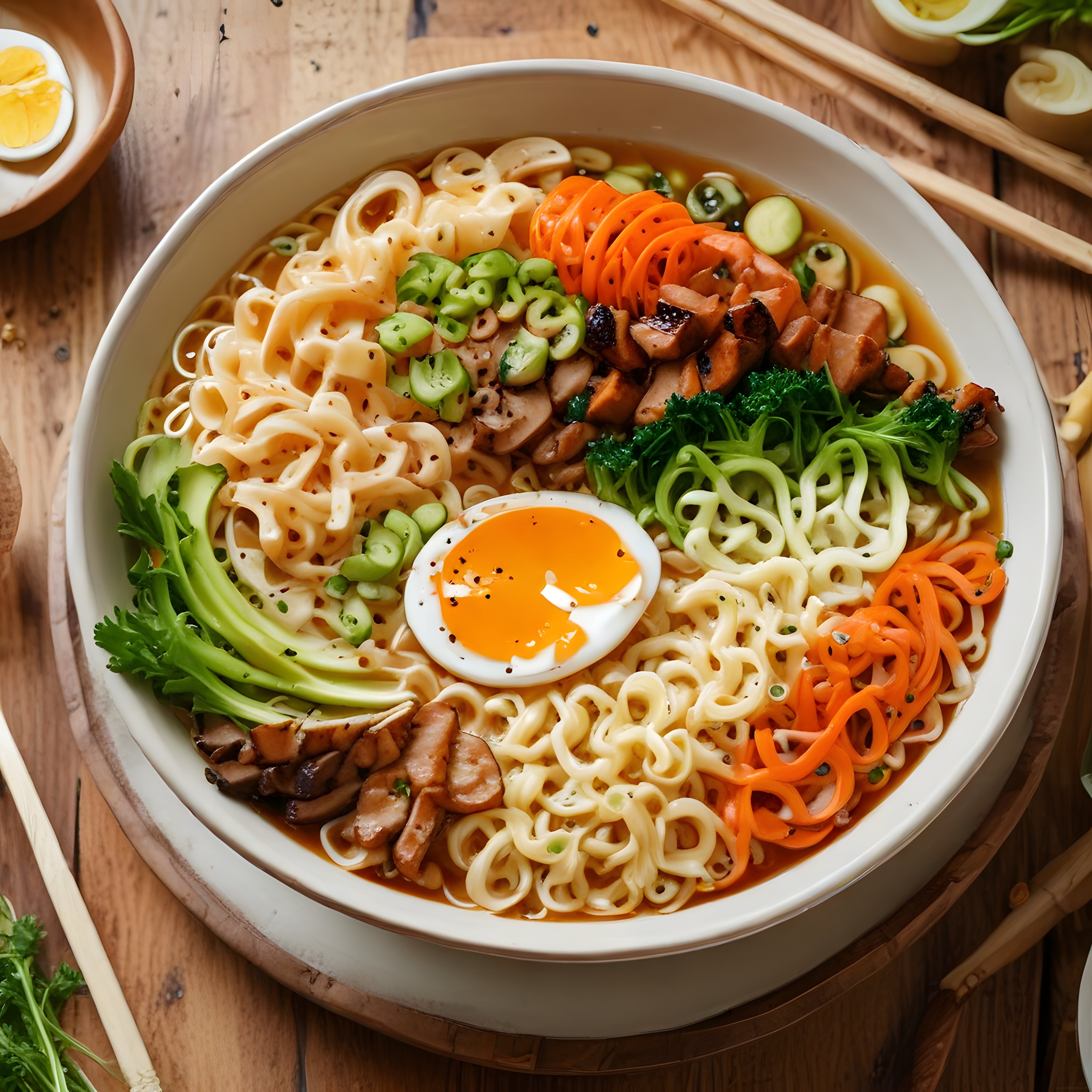 rengarenk sebzeli ve mantarlı noodle kasesi: yumurtalı sağlıklı ramen tabaklığı
