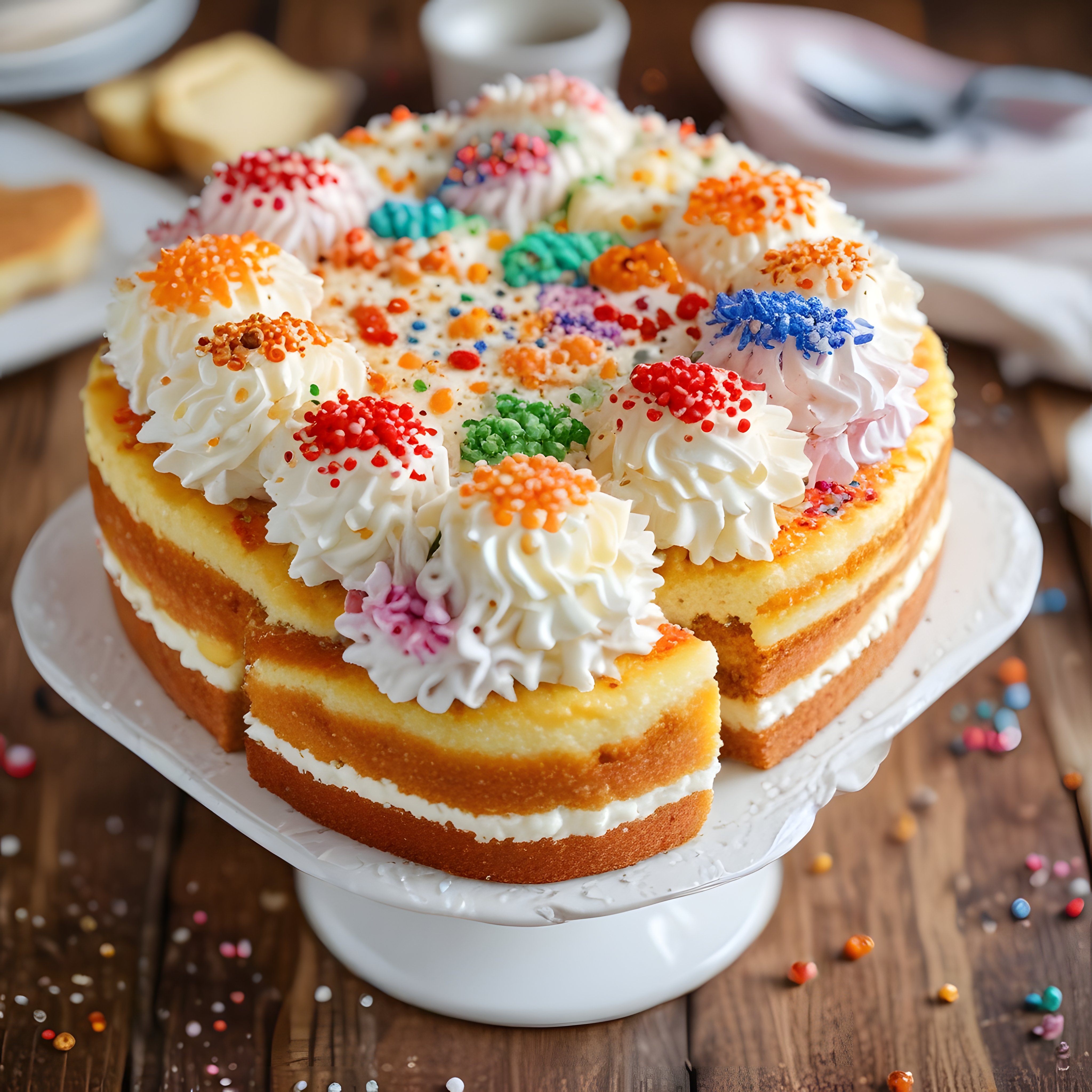 Rengarenk Sprinkle ve Krema ile Süslenmiş Katlı Doğum Günü Pastası