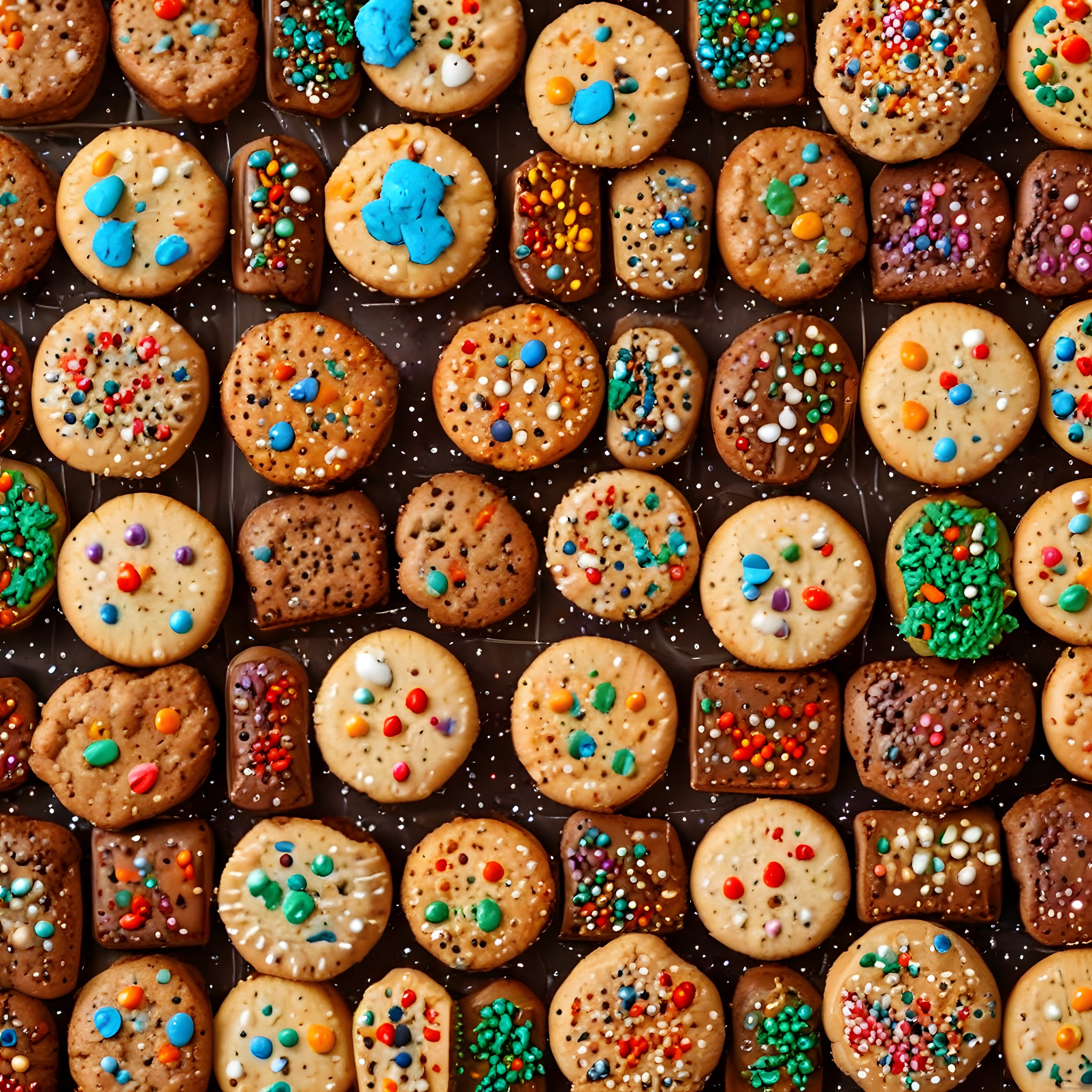 Rengarenk sprinkles ve çikolata soslu fırından yeni çıkmış kurabiyeler