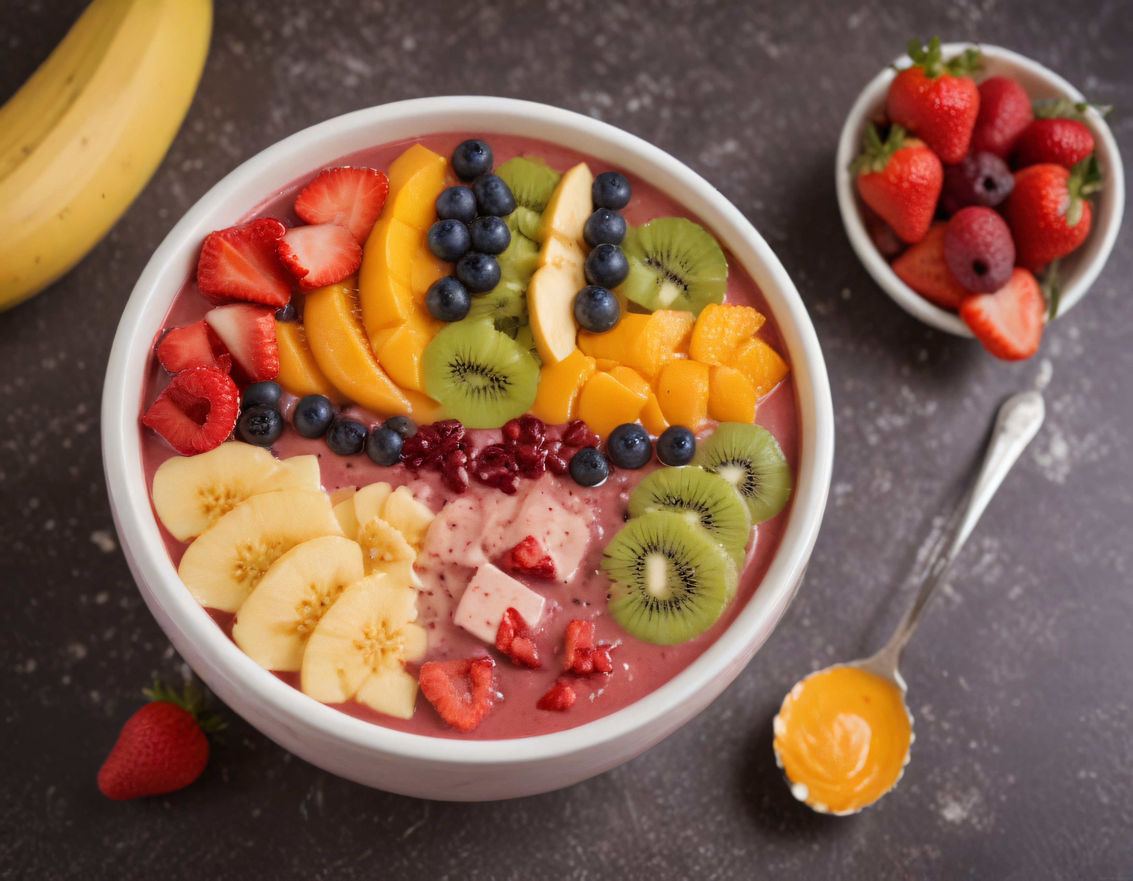 Rengarenk Tropik Meyvelerle Süslenmiş Sağlıklı Smoothie Bowl Sunumu