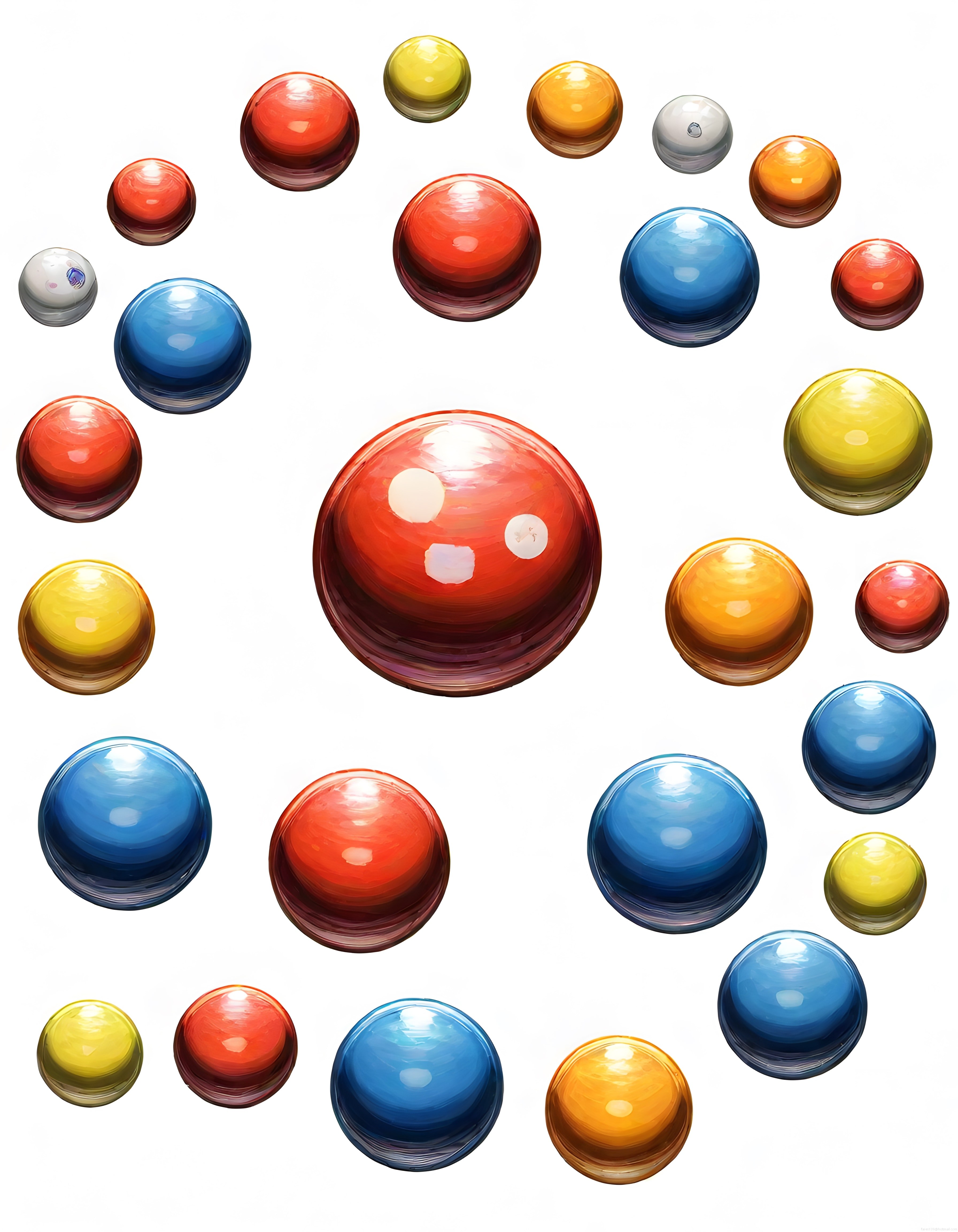 Renkli 3D parlak küreler ve arcade butonları dijital görsel koleksiyonu