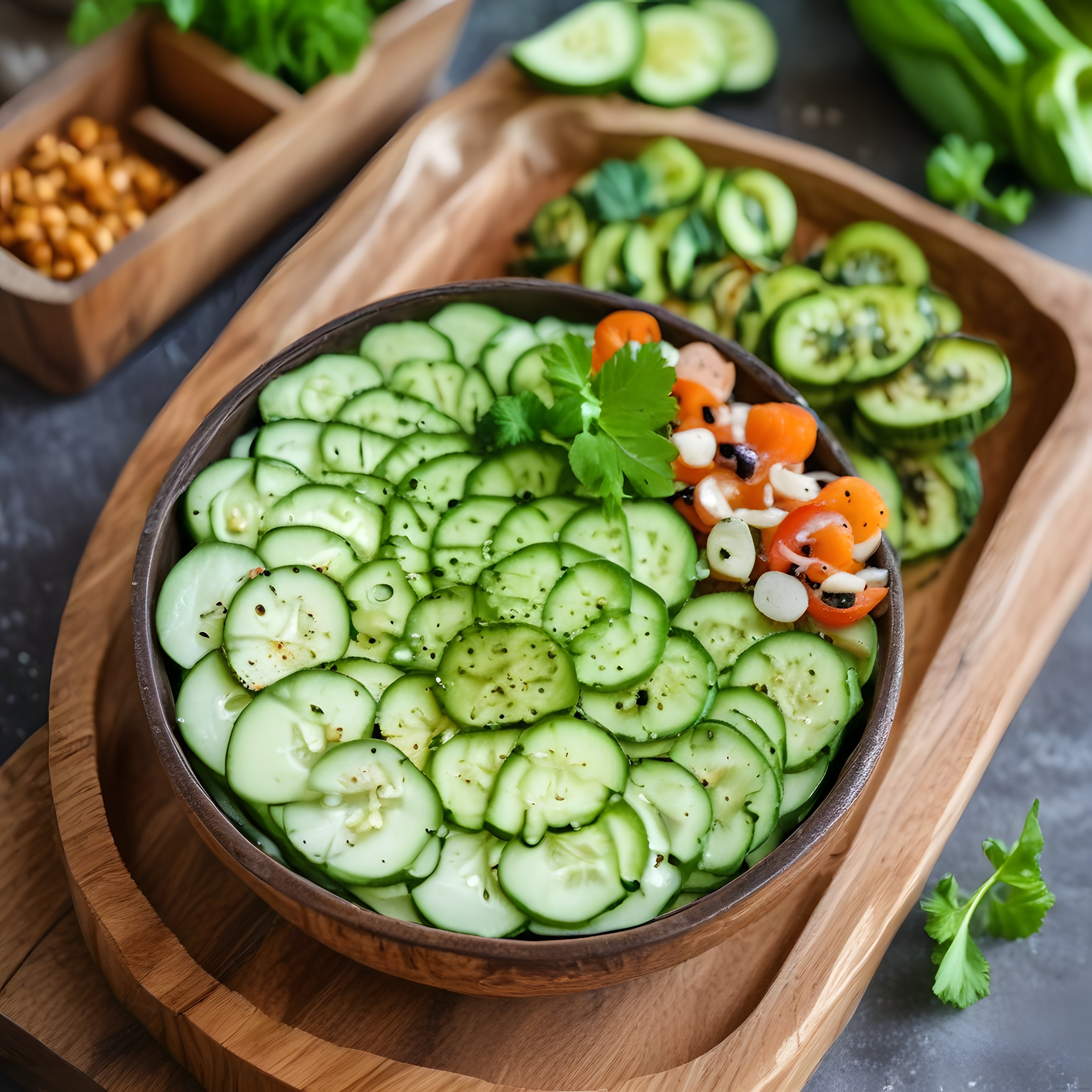 Renkli Ahşap Sunumda Taze Salatalık Dilimleri ve Nohutlu Sağlıklı Vegan Kase