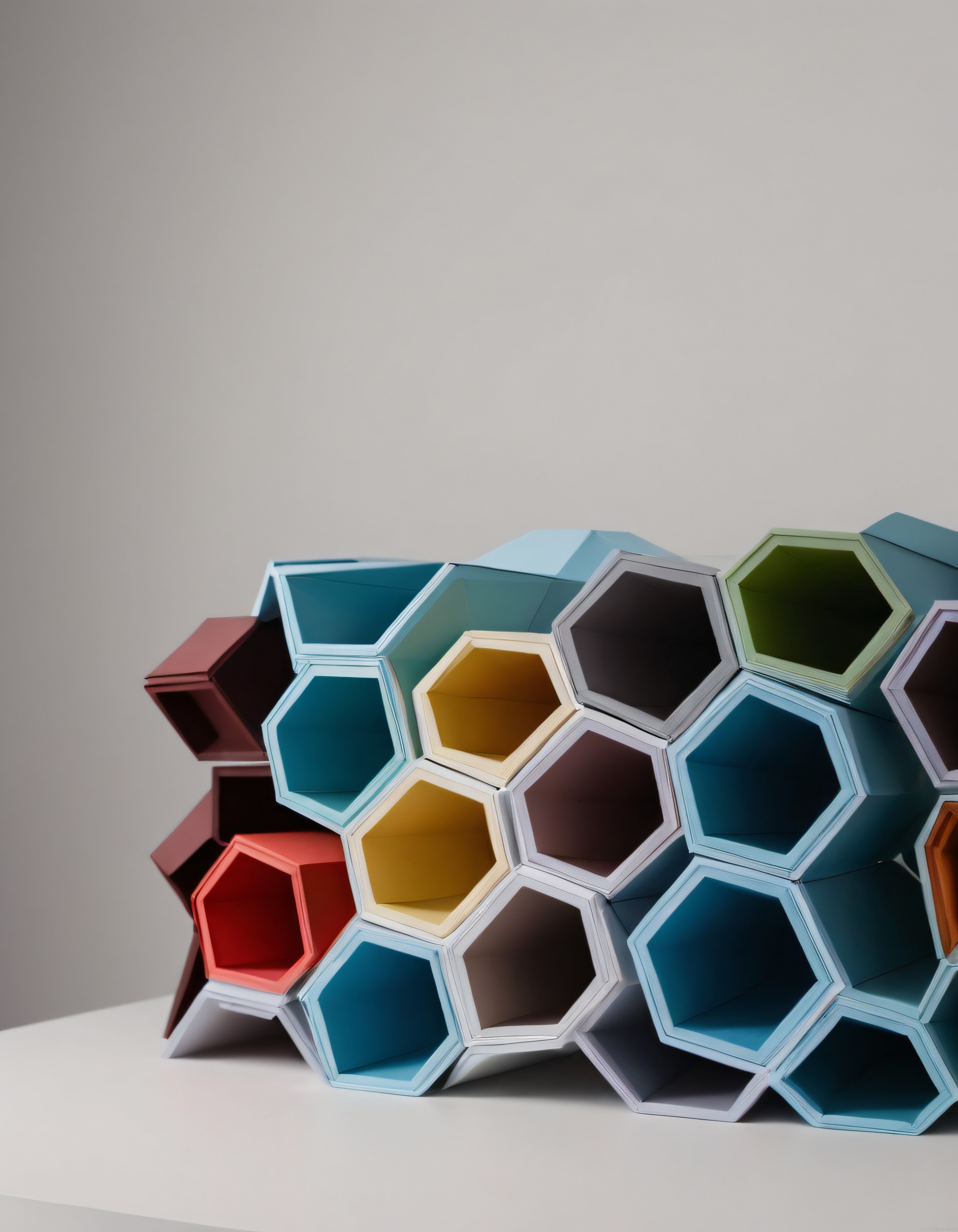 Renkli Altıgen Kağıt Kutulardan Oluşan Modern Geometrik Duvar Dekorasyonu