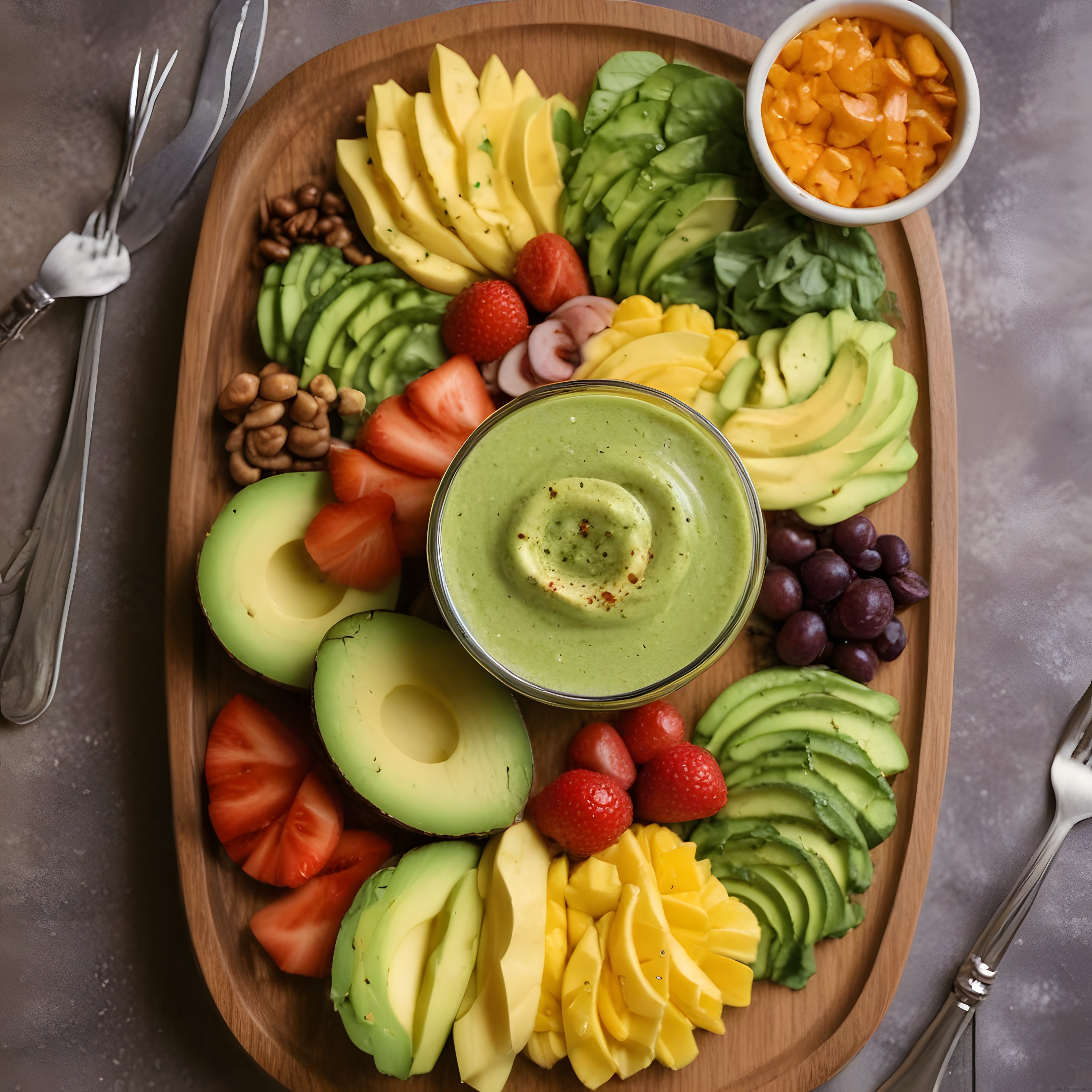 Renkli Avokado ve Tropik Meyveli Sağlıklı Vegan Sunum Tabağı ile Ev Yapımı Dip