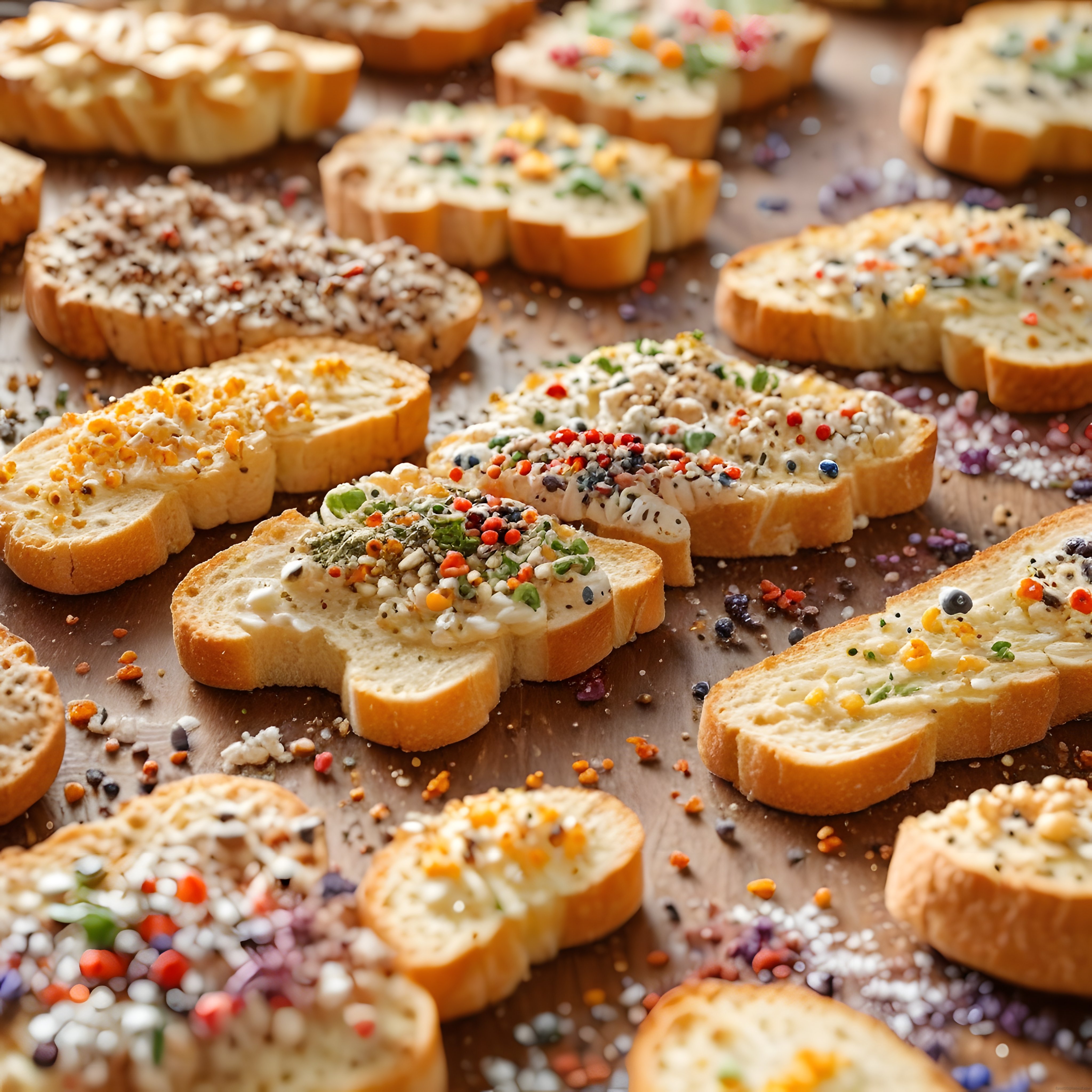 Renkli Baharatlarla Süslenmiş Kahvaltılık Baget Ekmek Dilimleri Sunumu