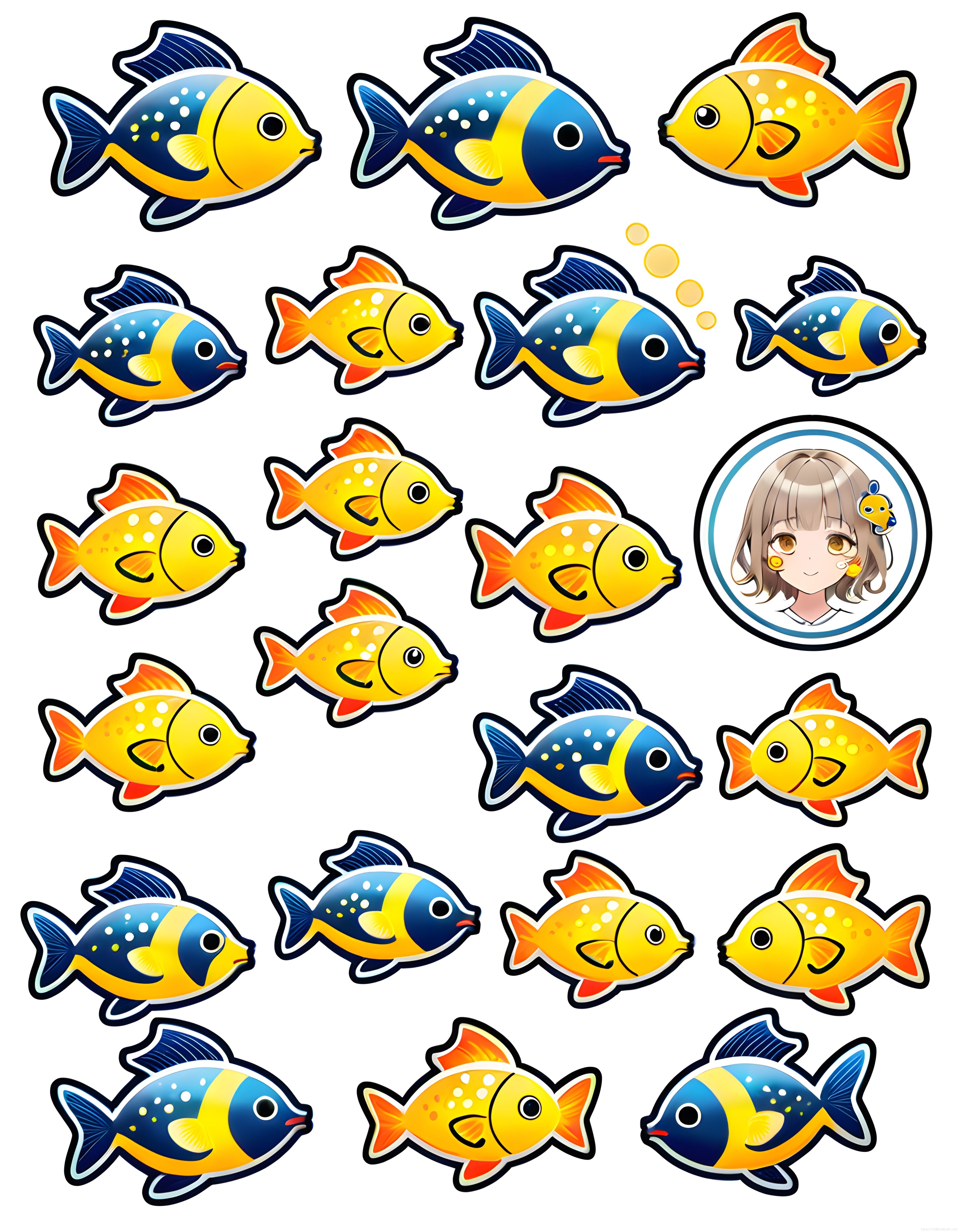 Renkli Balık ve Anime Kız Karakterli Sevimli Dijital Sticker Seti