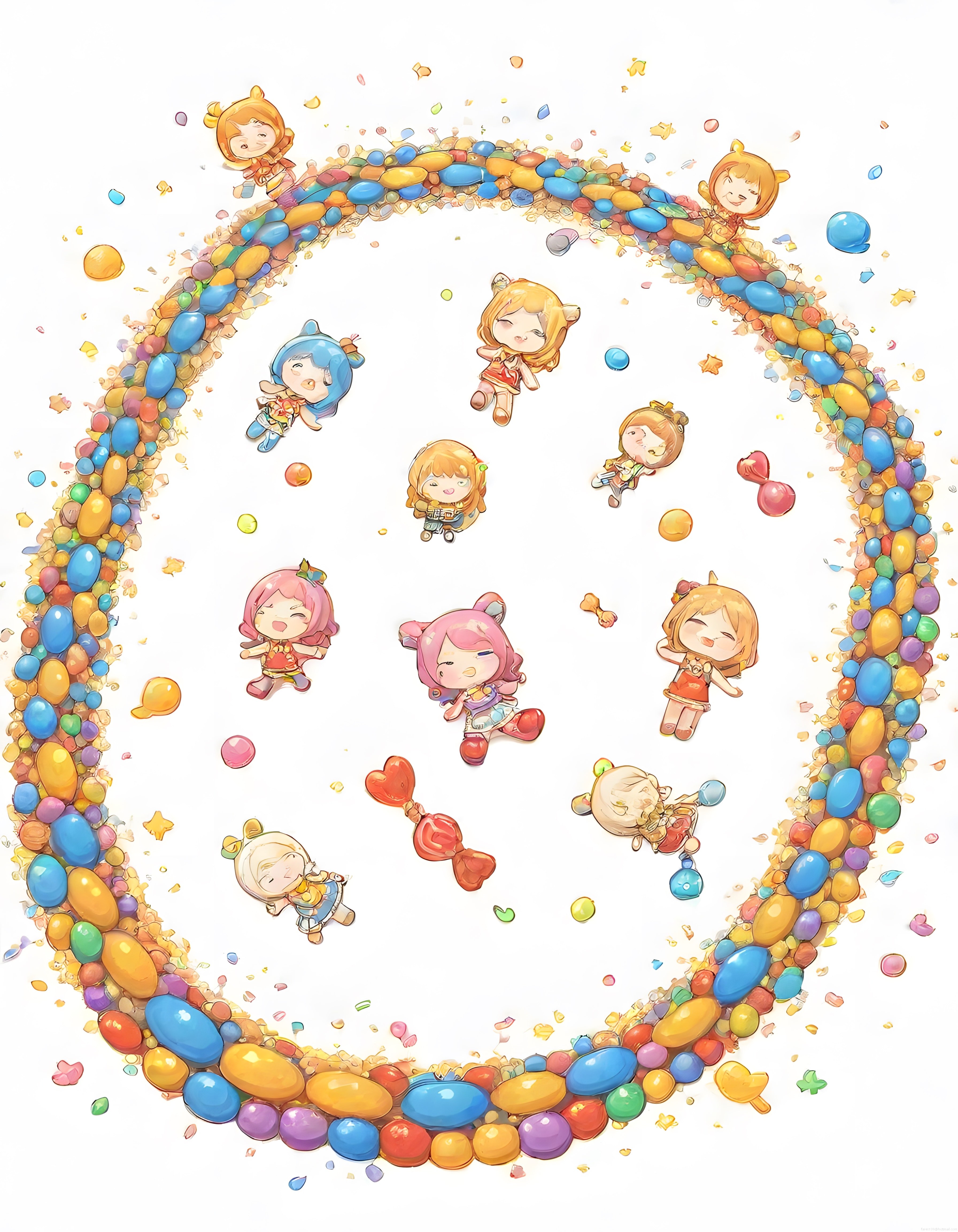 Renkli Balon Kalp İçinde Sevimli Chibi Anime Karakterleri ve Konfetiler