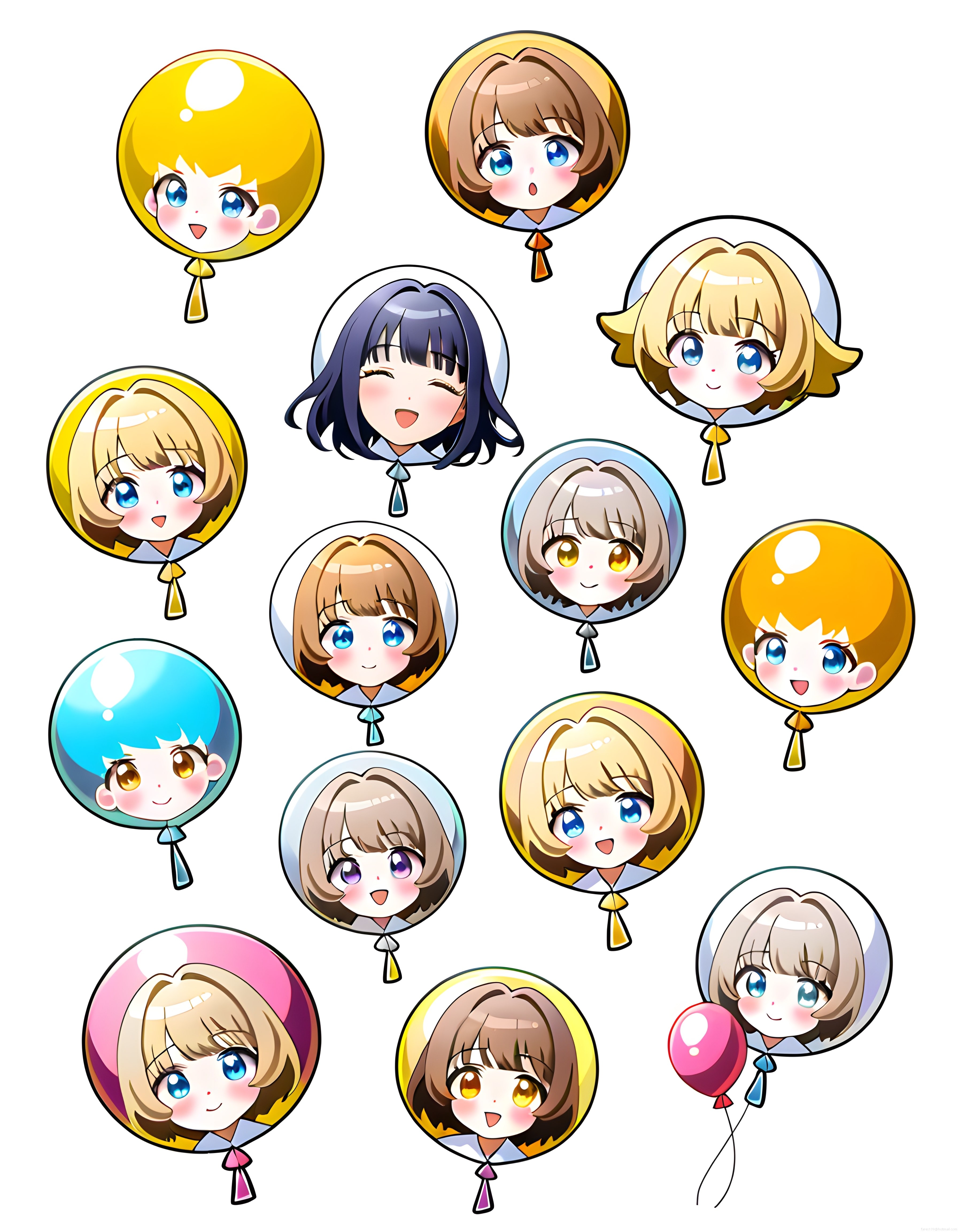 renkli balon şeklinde şişirilmiş chibi anime kız karakterleri dijital çizim seti