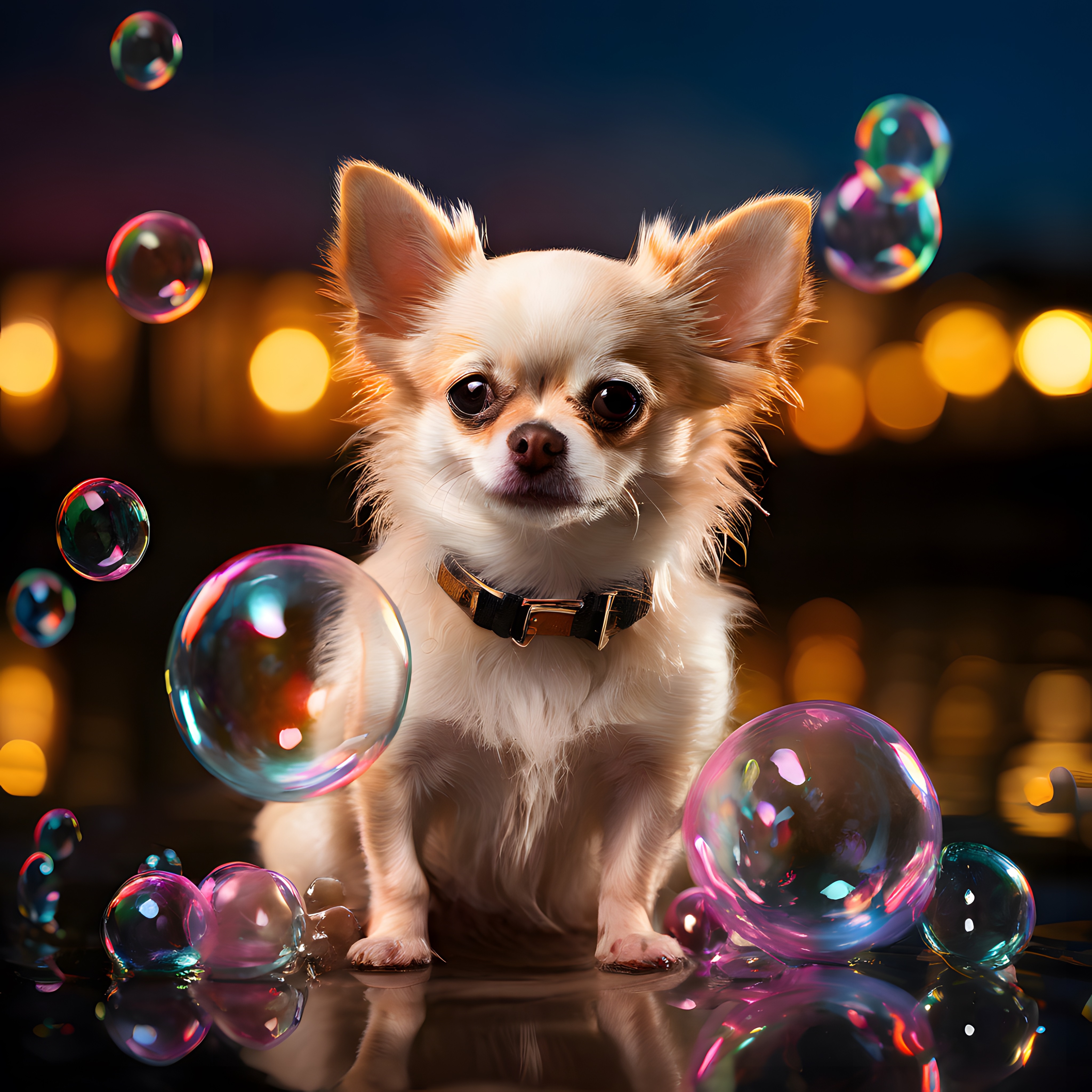 Renkli Baloncuklar Arasında Oturan Sevimli Chihuahua Köpek Portresi