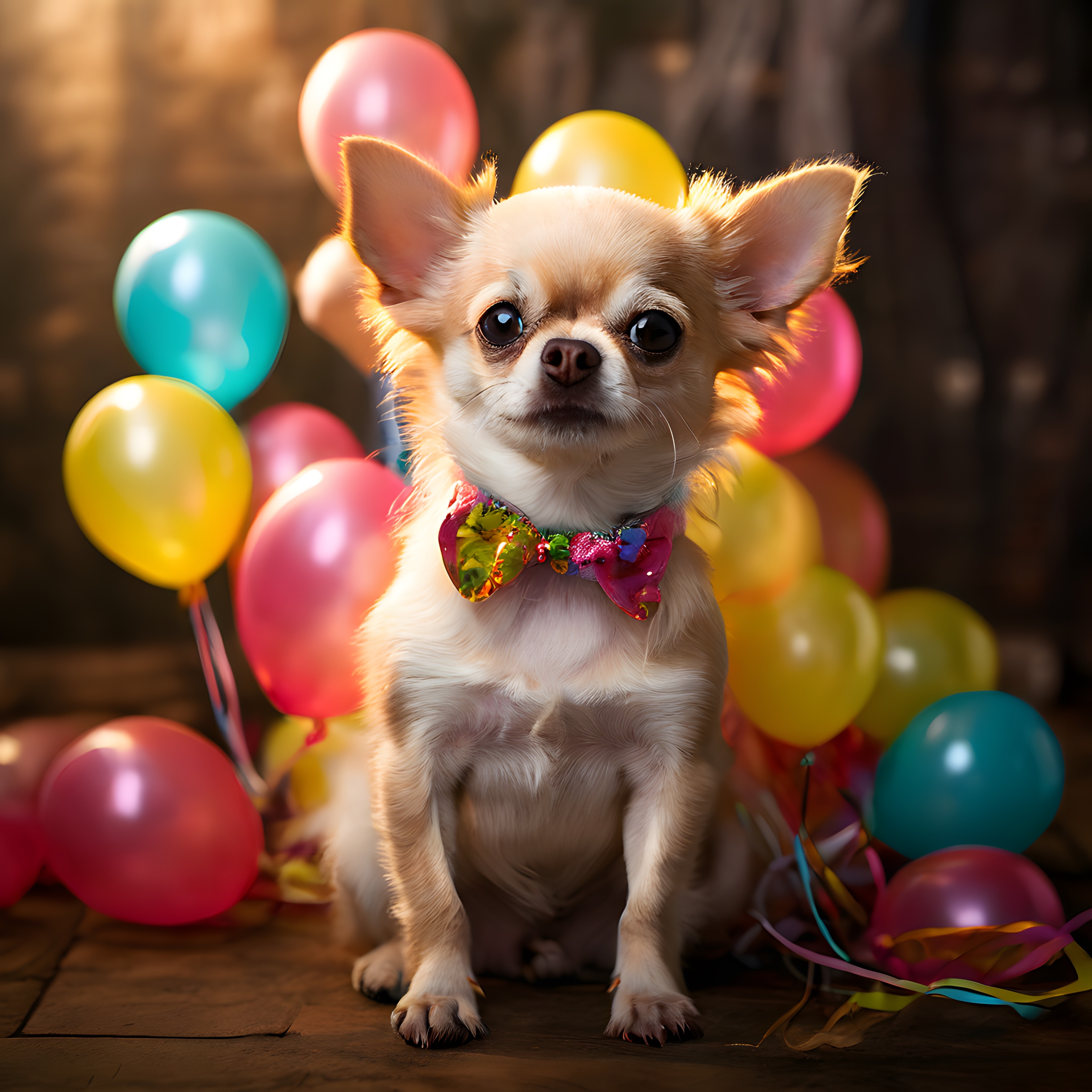 Renkli balonlar önünde fiyonklu sevimli bir chihuahua köpeği parti portresi