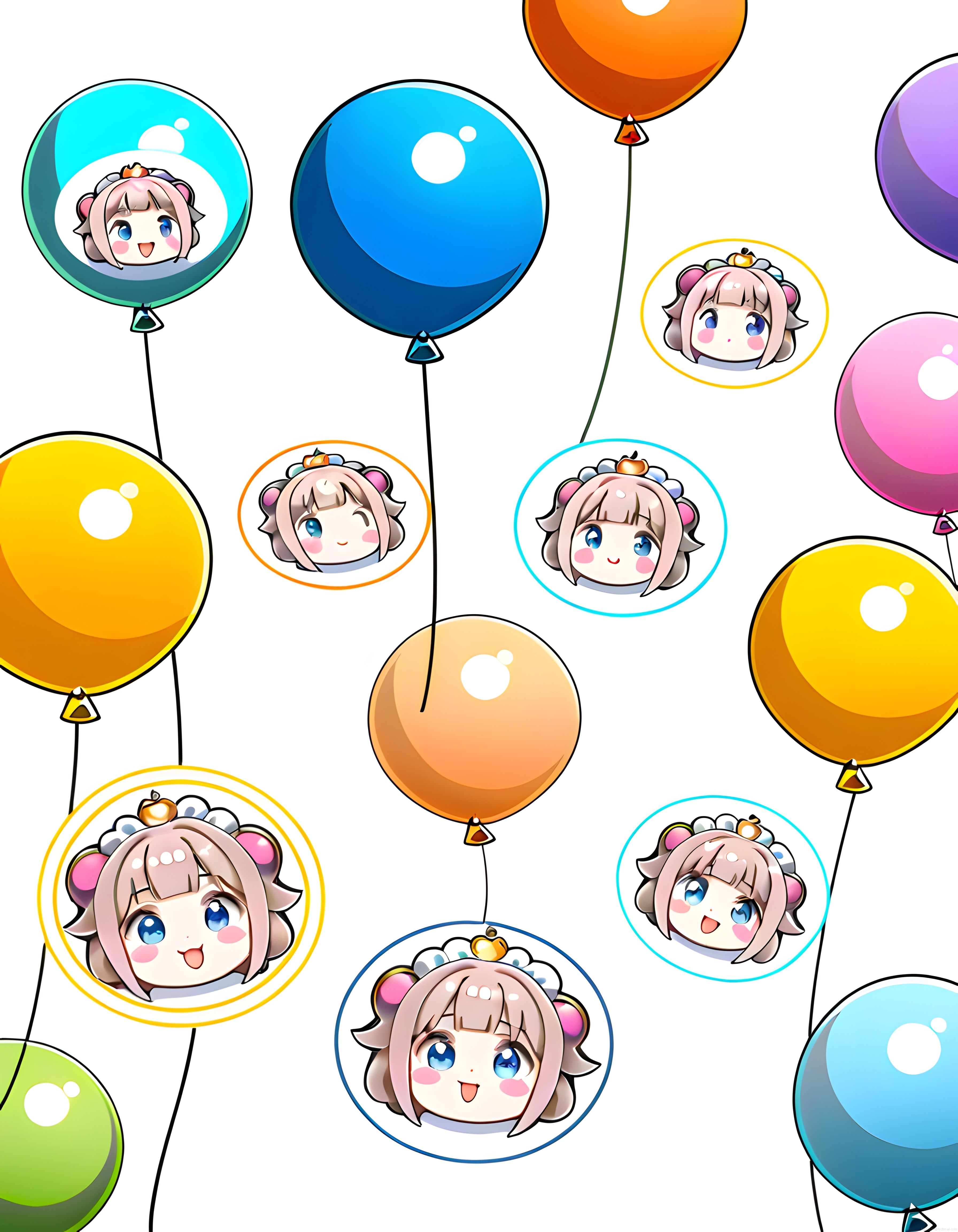 Renkli Balonlar ve Farklı İfadelerde Sevimli Anime Karakter Çizimleri