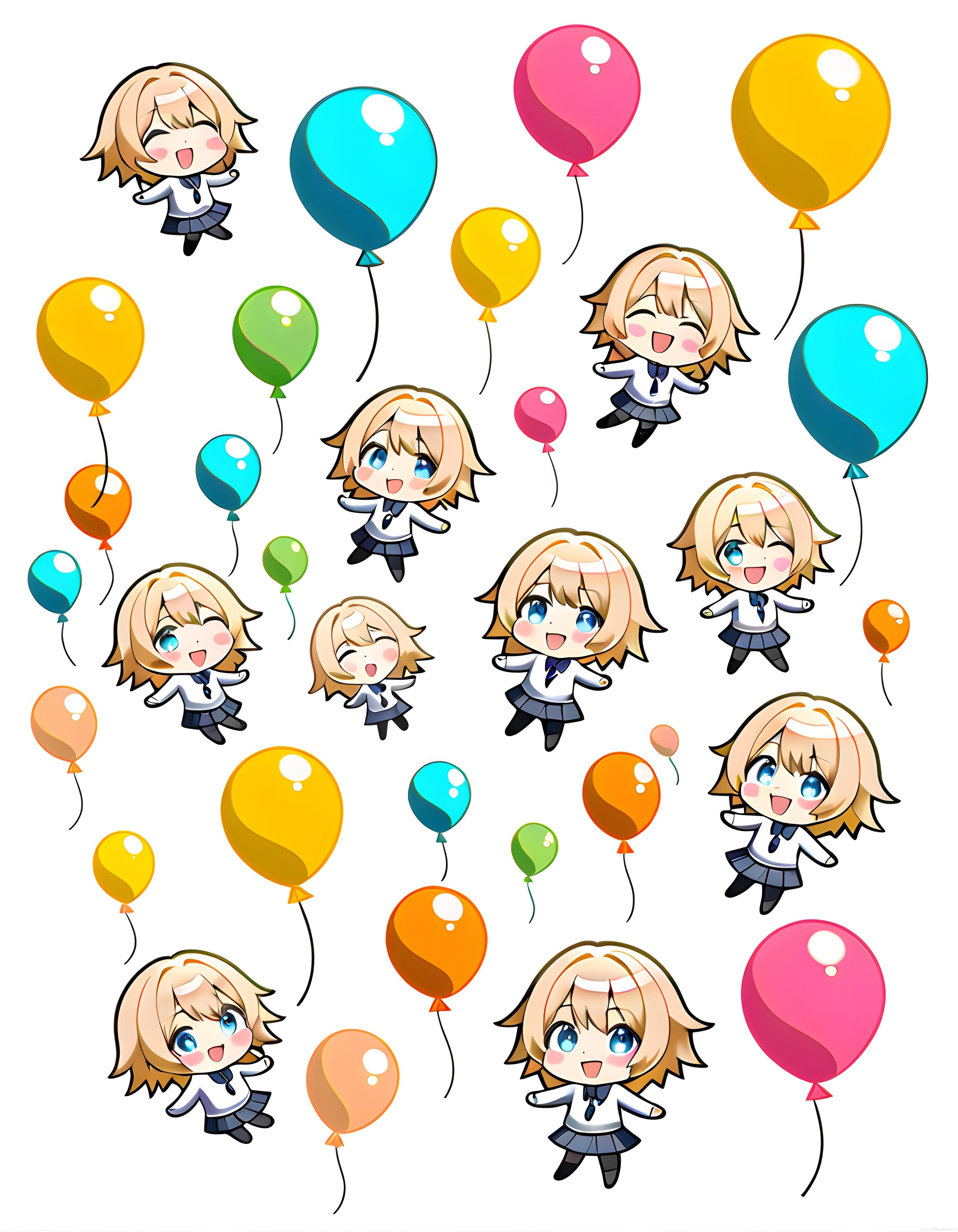 Renkli Balonlar ve Mutlu Chibi Kızlarla Dolu Sevimli Anime Deseni