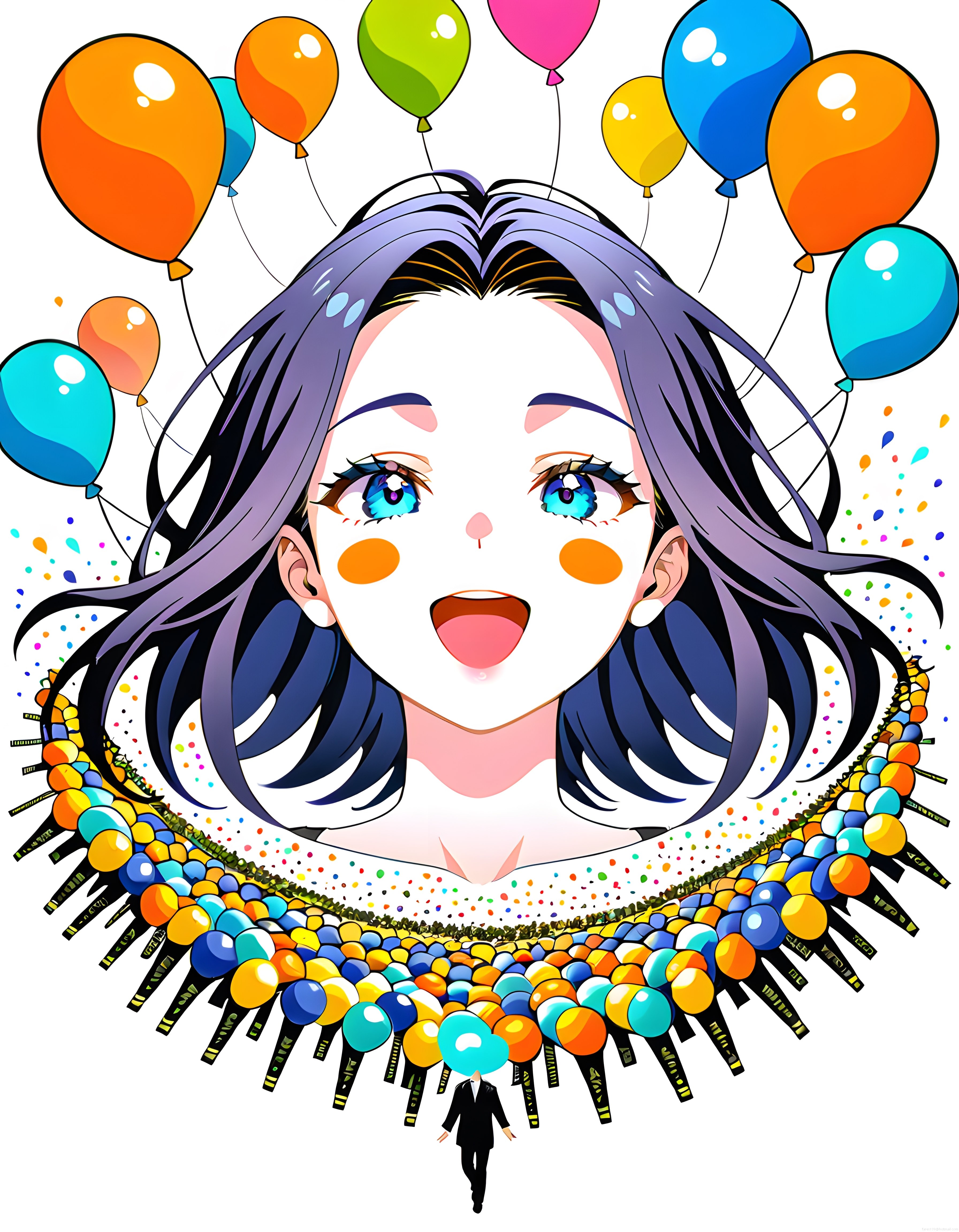 Renkli Balonlarla Çevrili Anime Tarzı Festival Kutlaması İllüstrasyonu