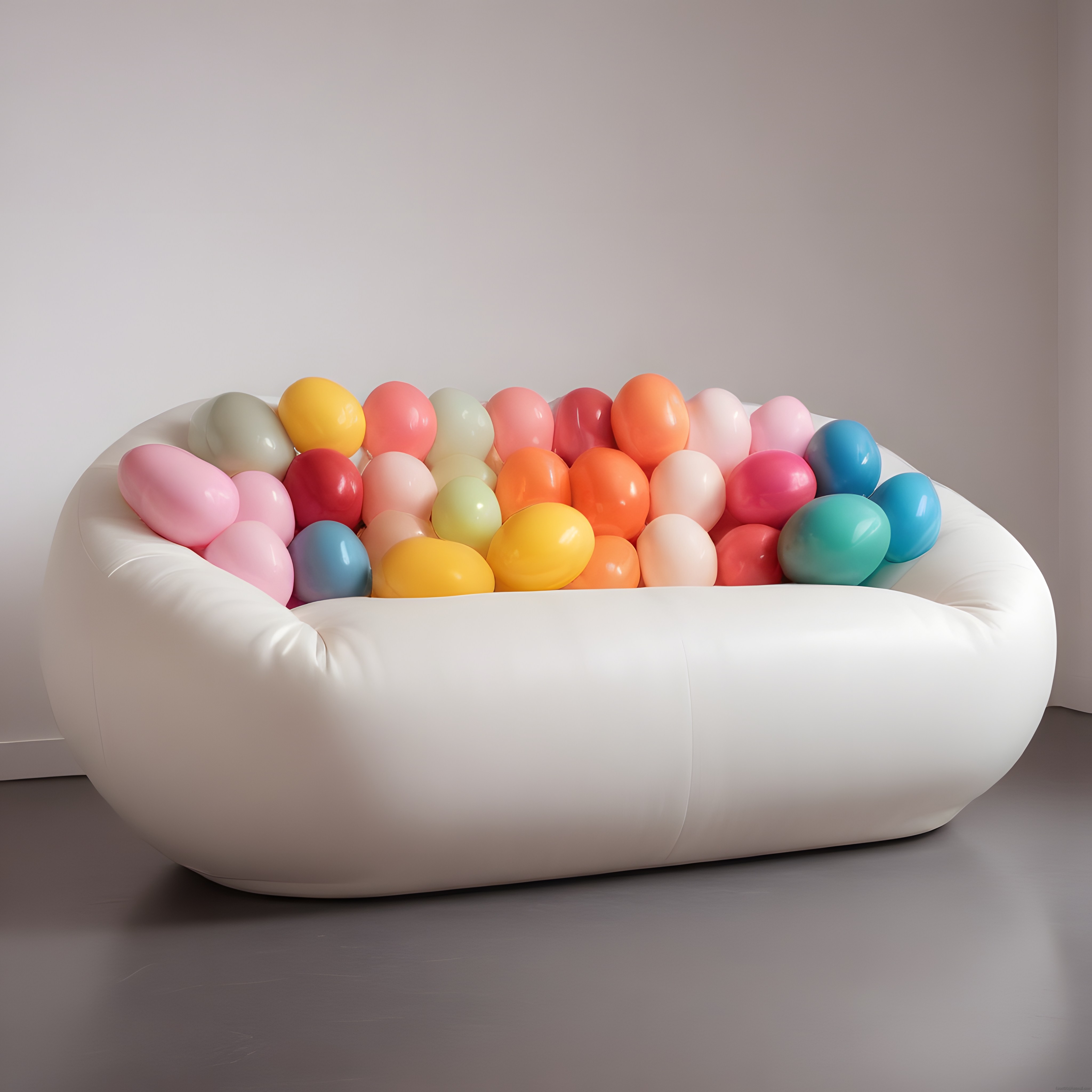 Renkli Balonlarla Dolu Beyaz Şişme Koltuk ve Minimalist Dekorasyon