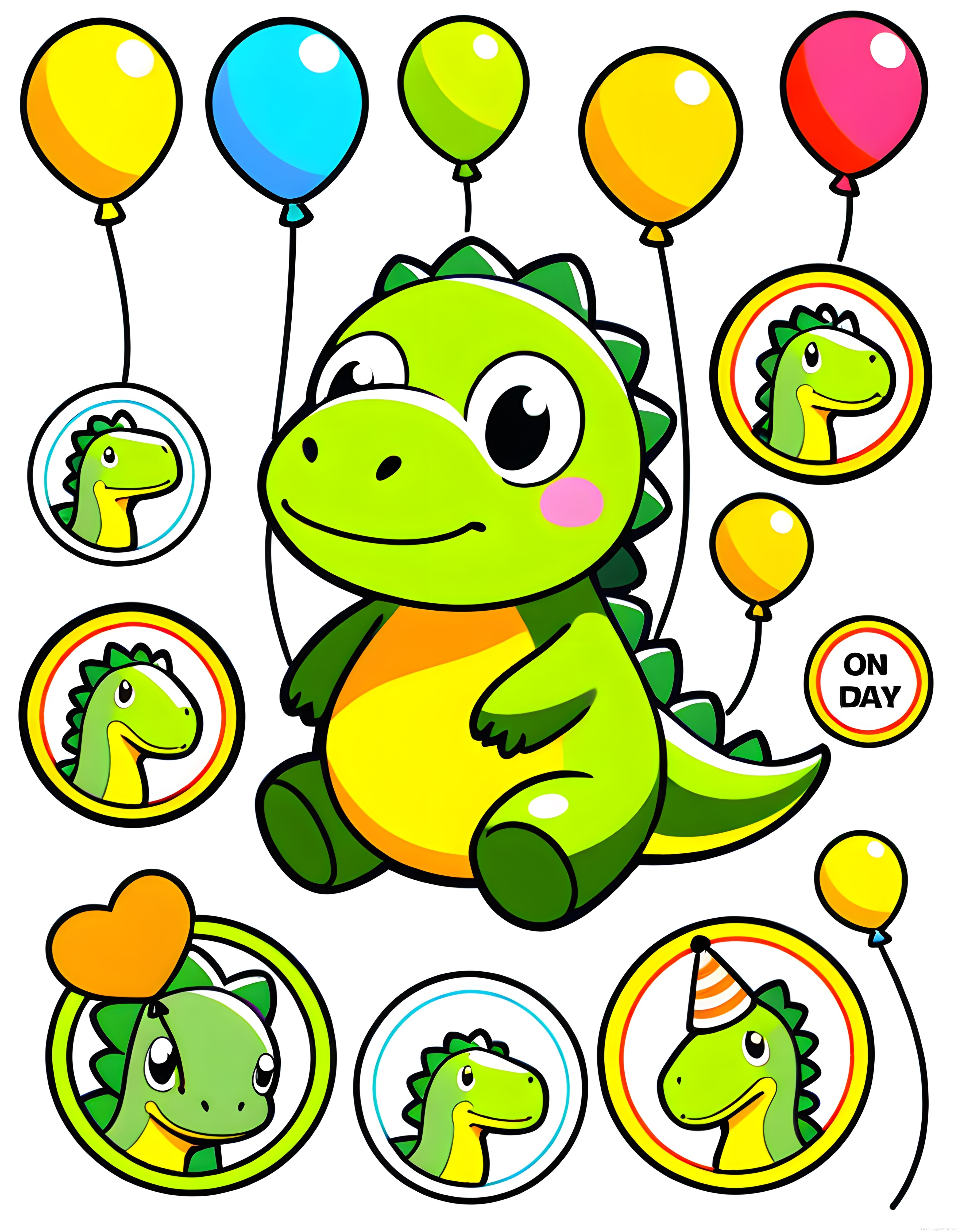 Renkli Balonlarla Kutlama Yapan Sevimli Dinozor Karikatür Sticker Seti